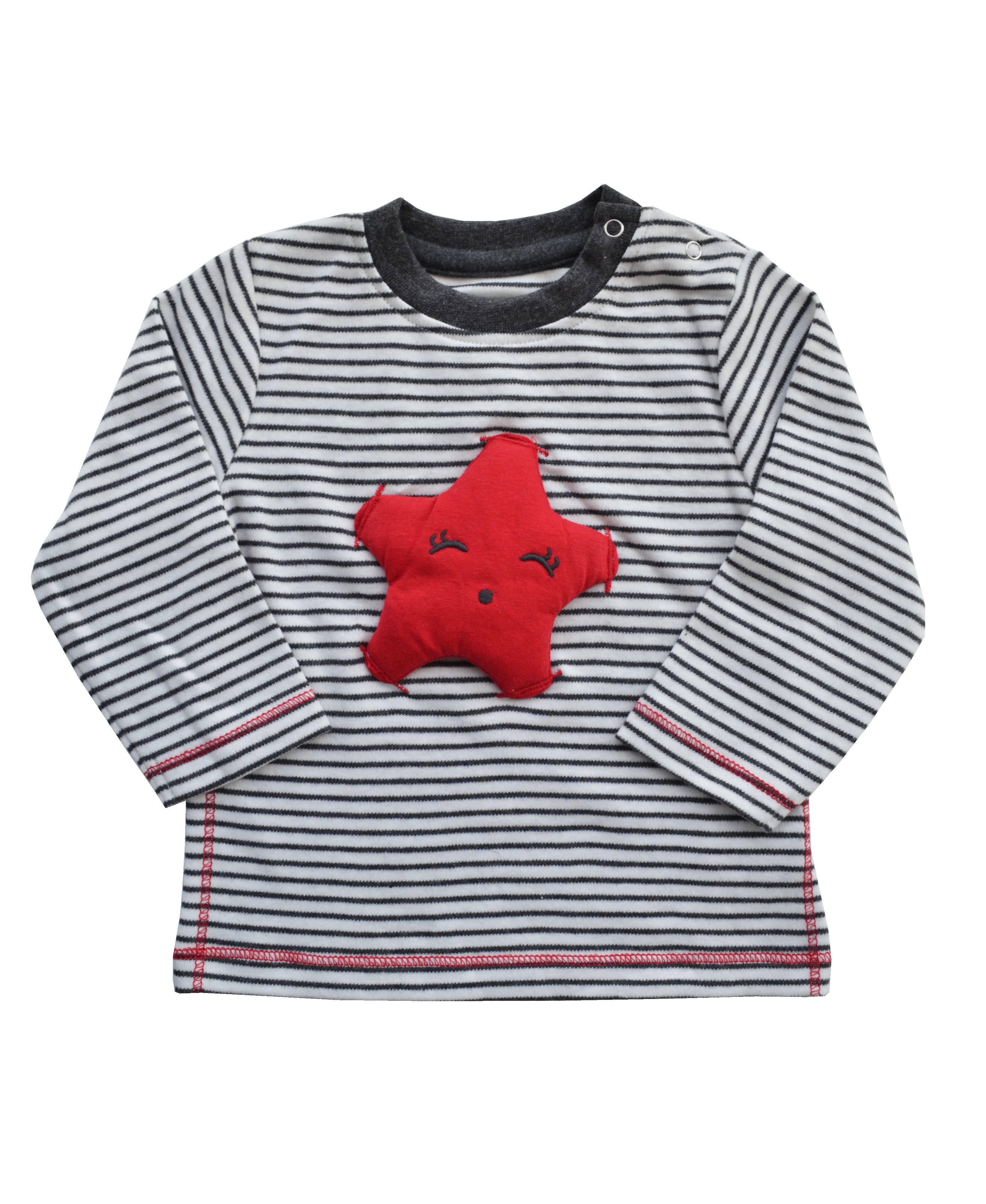 Star Applique on Grey / White Striped Full Sleeves T-Shirt (100% Cotton Interlock Biowash)
