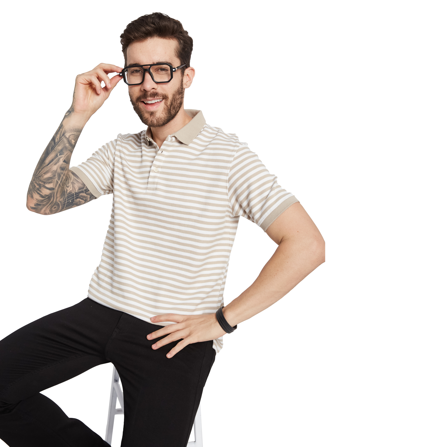 Octave Men Striped Polo Collar Monochrome Pockets T-Shirt