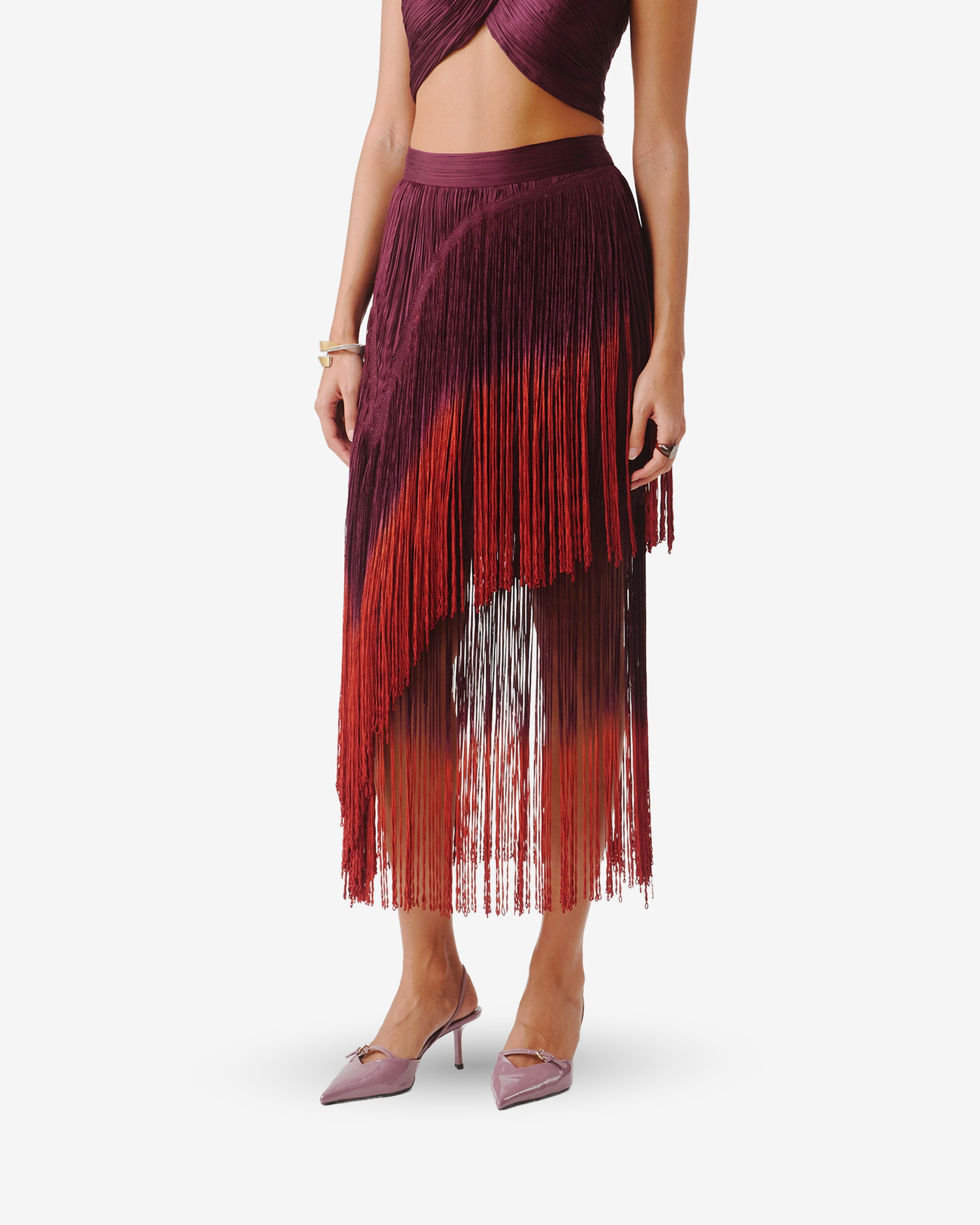 Burnt Wine Fringe Skirt