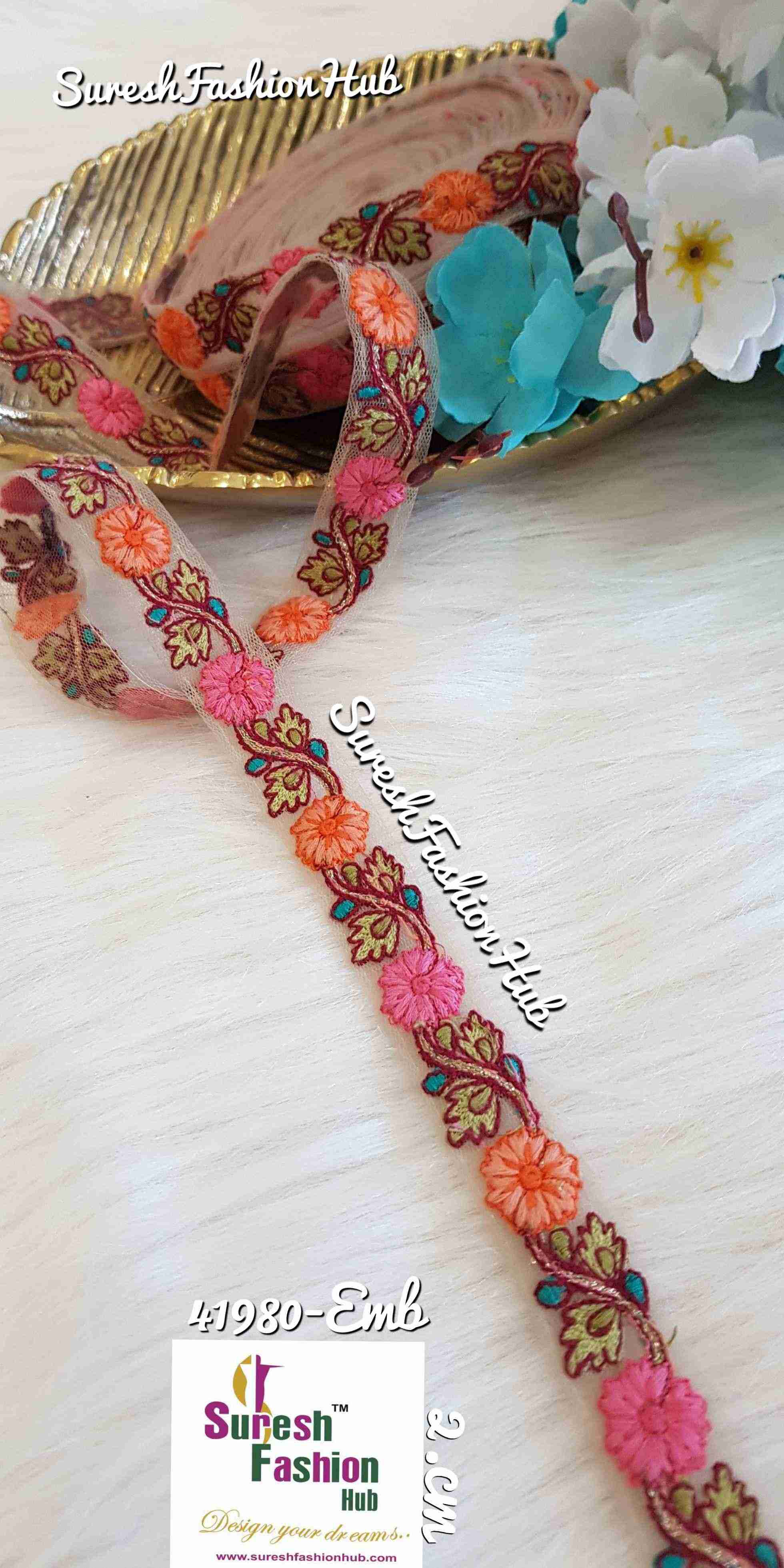 Mesh Beauty Peach & Pink Flowers Thin Ribbon