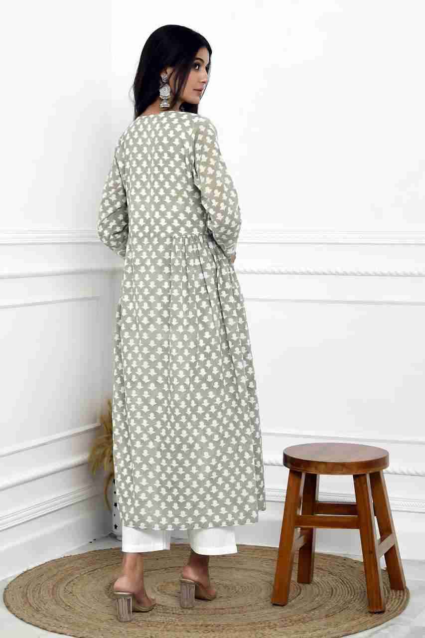 Naksh Grey And White V-Neck Gathered Kurta With Pockets