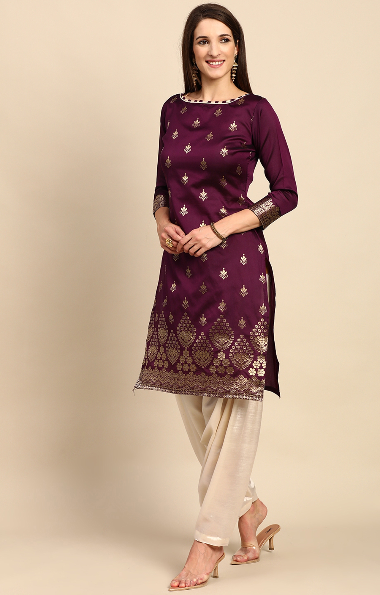 Purple-God Toned Unstitched Woven Design Dress Material - Silk Zone