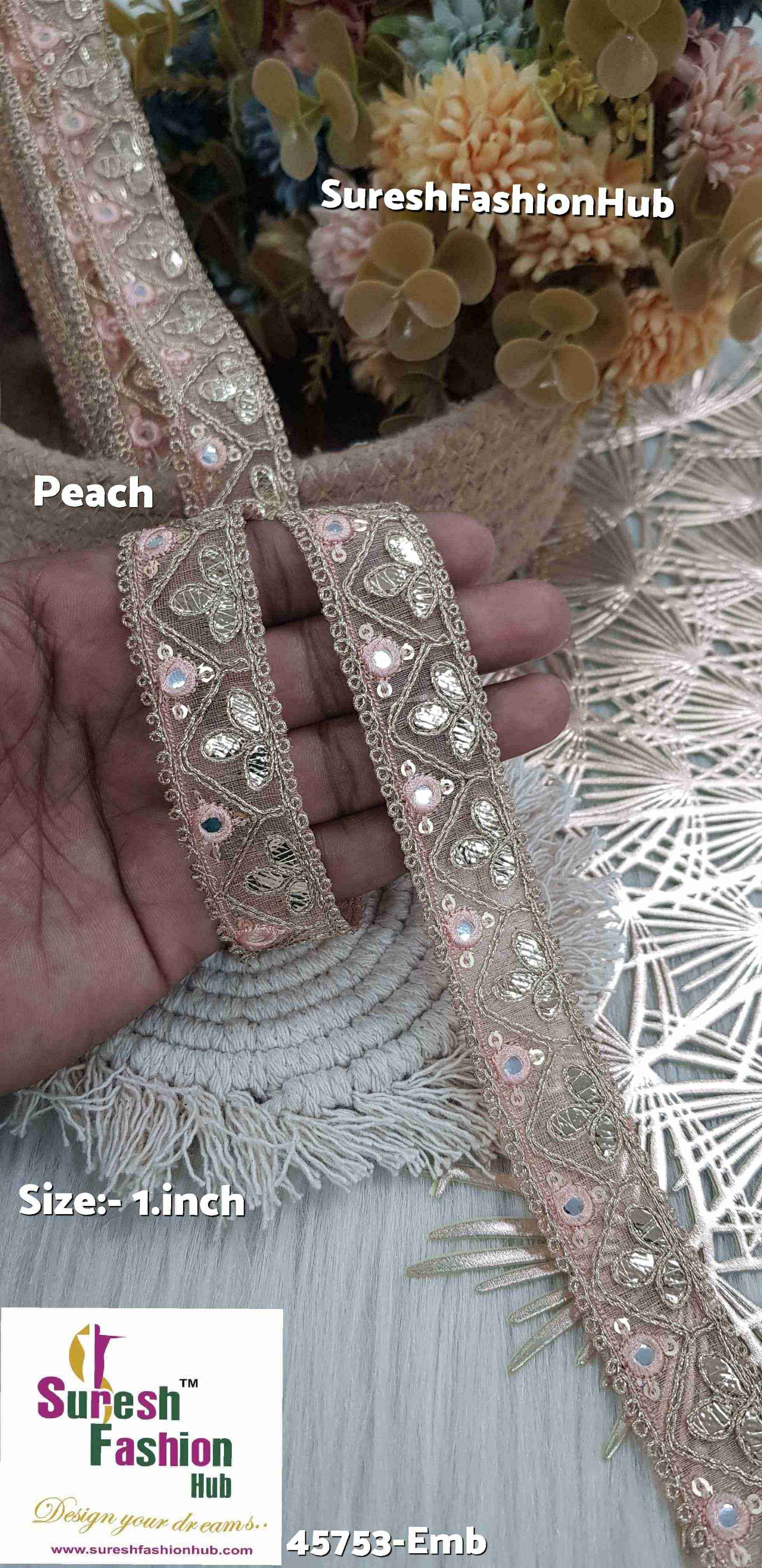Glimmering Gota and Mirror Embroidered Peach Organza Lace