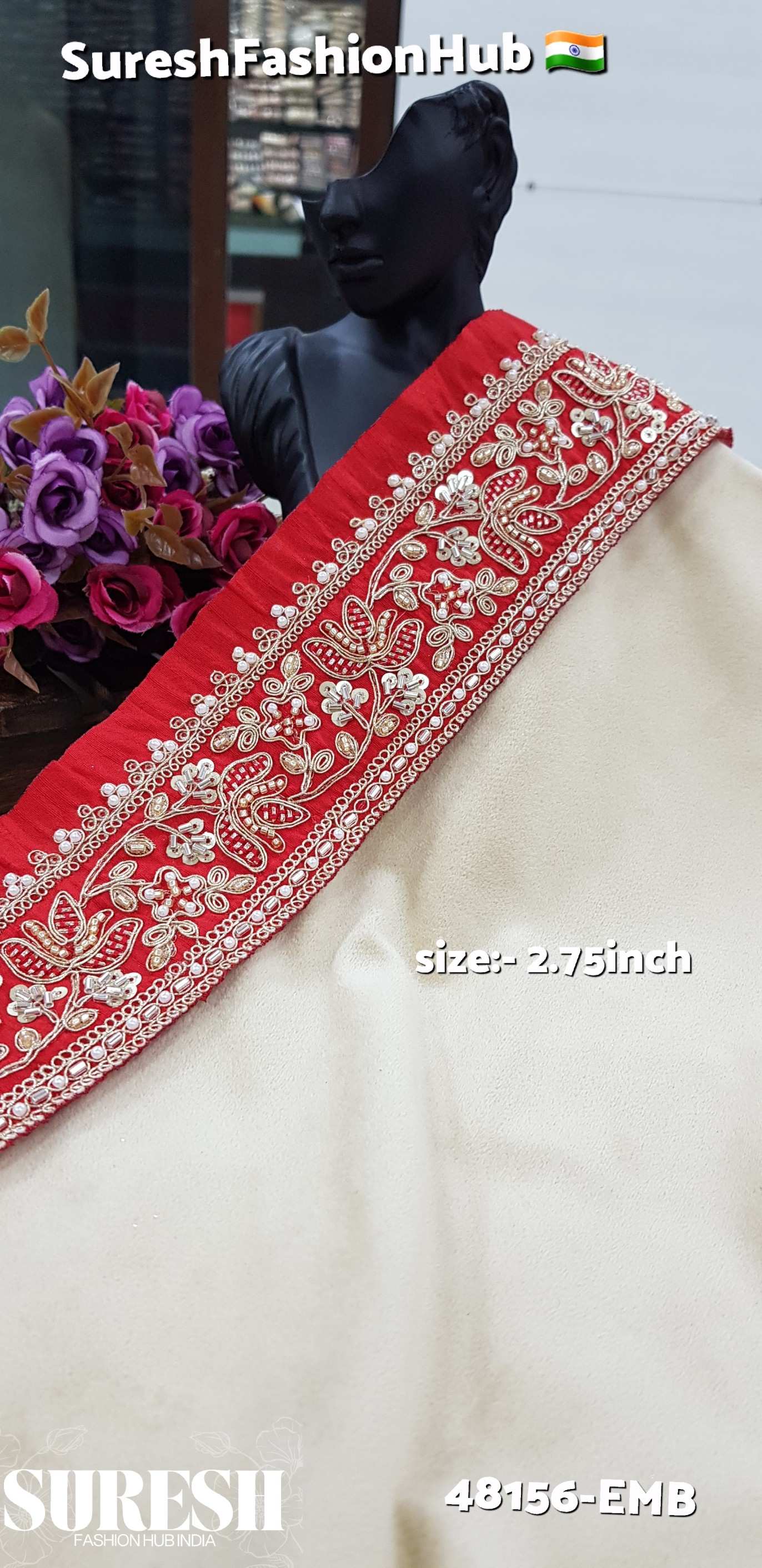 Red  Crimson Bloom Embroidery Lace