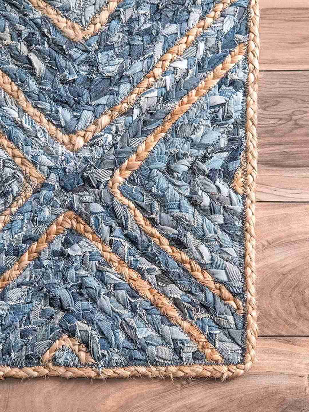 Handwoven Denim & Jute Diamond Pattern Rug – Eco-Friendly Blue Geometric Area Rug for Nursery, Living Room & Modern Interiors