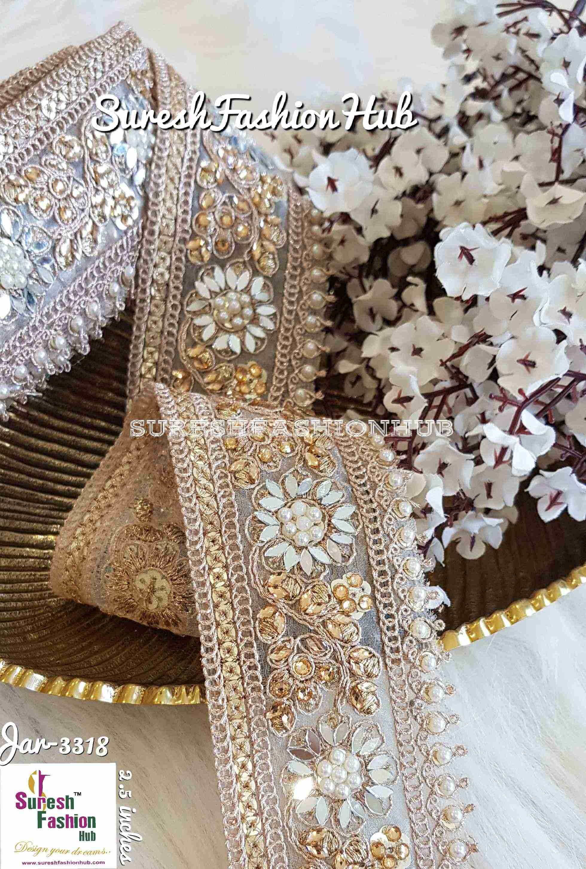 Mirror Embellished Flowers With Tiny Pearls Wide Trim