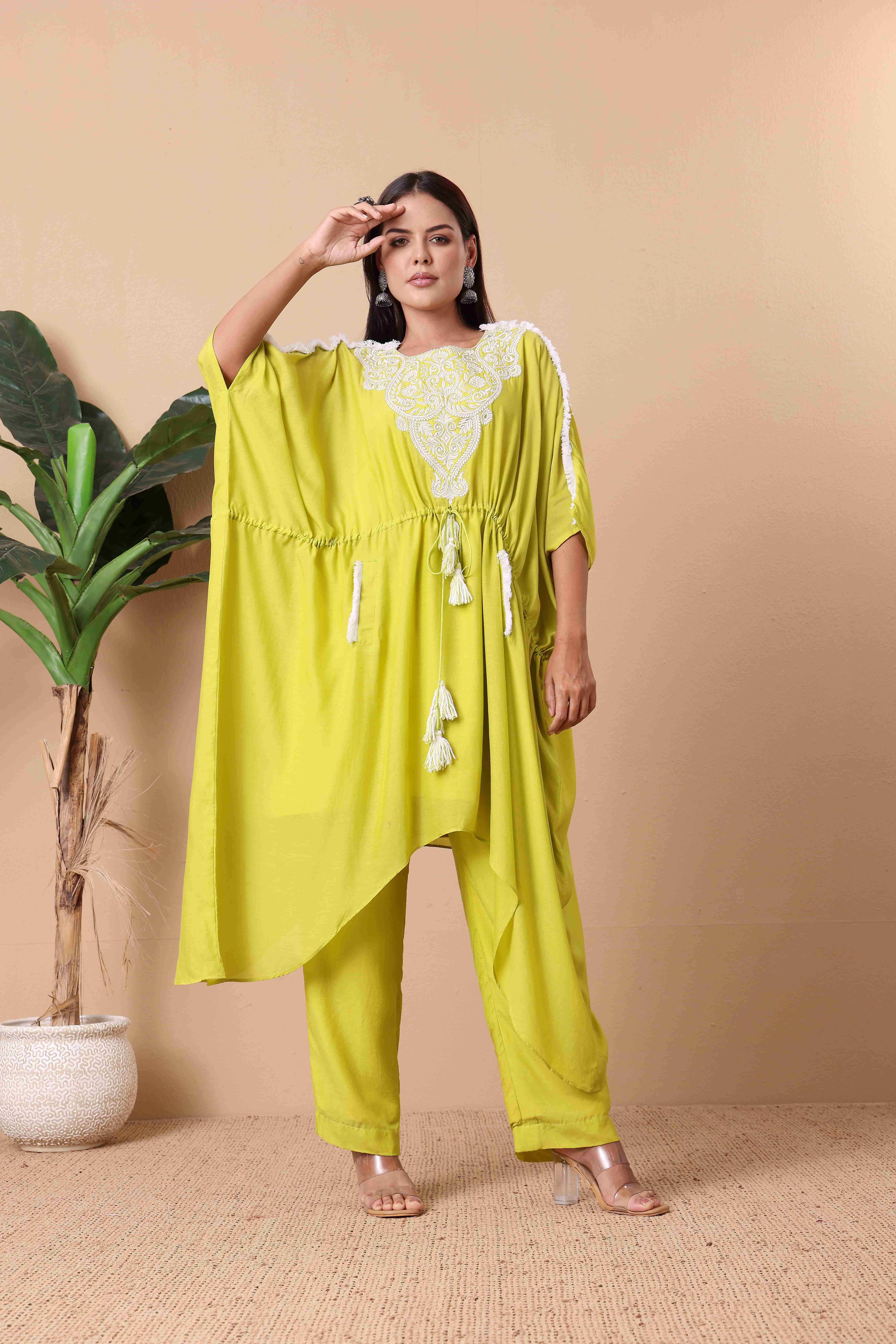 Lime Green Dhoti Style Kaftan set