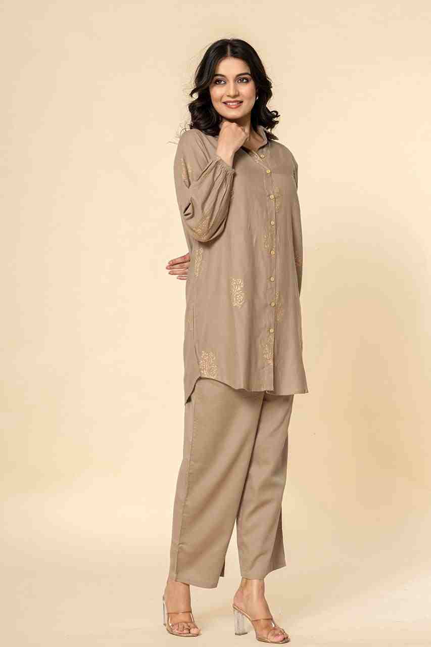 Naksh Grey Cotton Satin Co-ordinated Set With Gold Print (Set of 2)