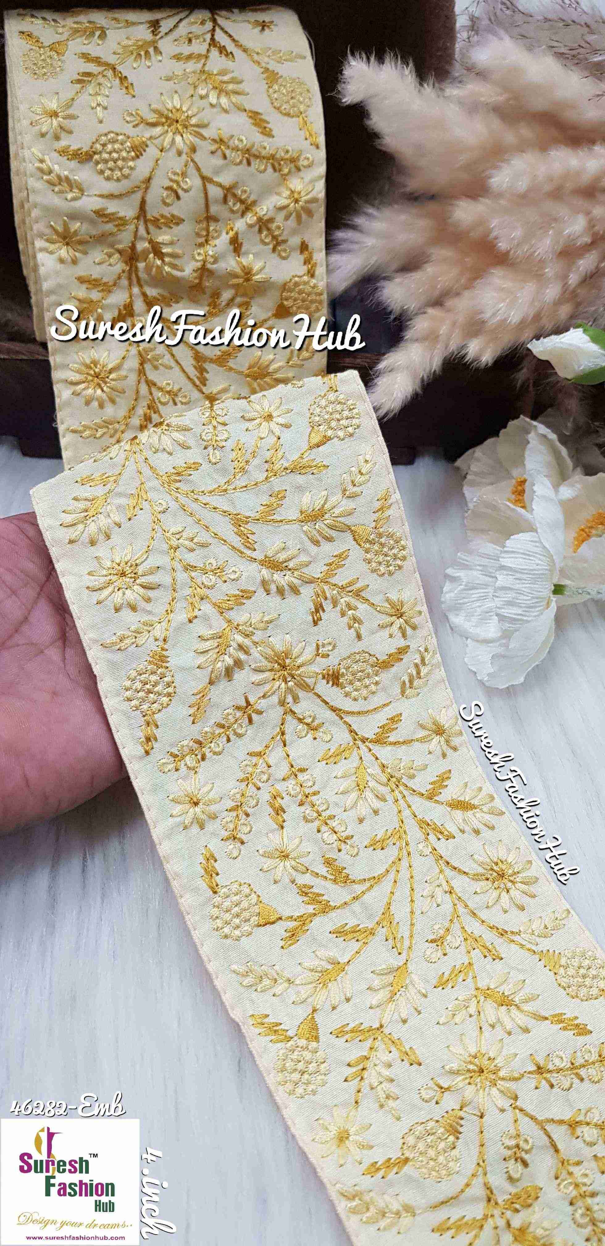 Certainly! Here are some ALT text suggestions that incorporate a variety of keywords to help improve your visibility on Google:  1. "Navratri Banarasi Laces - Traditional Indian Festive Laces" 2. "Golden Silver Banarasi Lace - Elegant Metallic Trims for Garments" 3. "Cutwork Banarasi Laces - Intricate Openwork Designs"