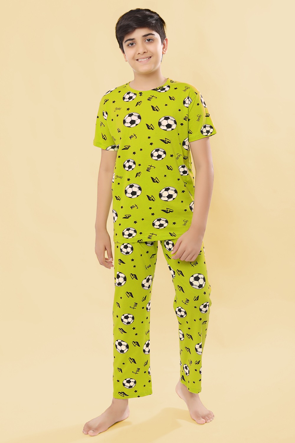 Ninos Dreams Boys 100 % Cotton Knit Half sleeves Coord Set with T-Shirt & Lower Football Print-Green