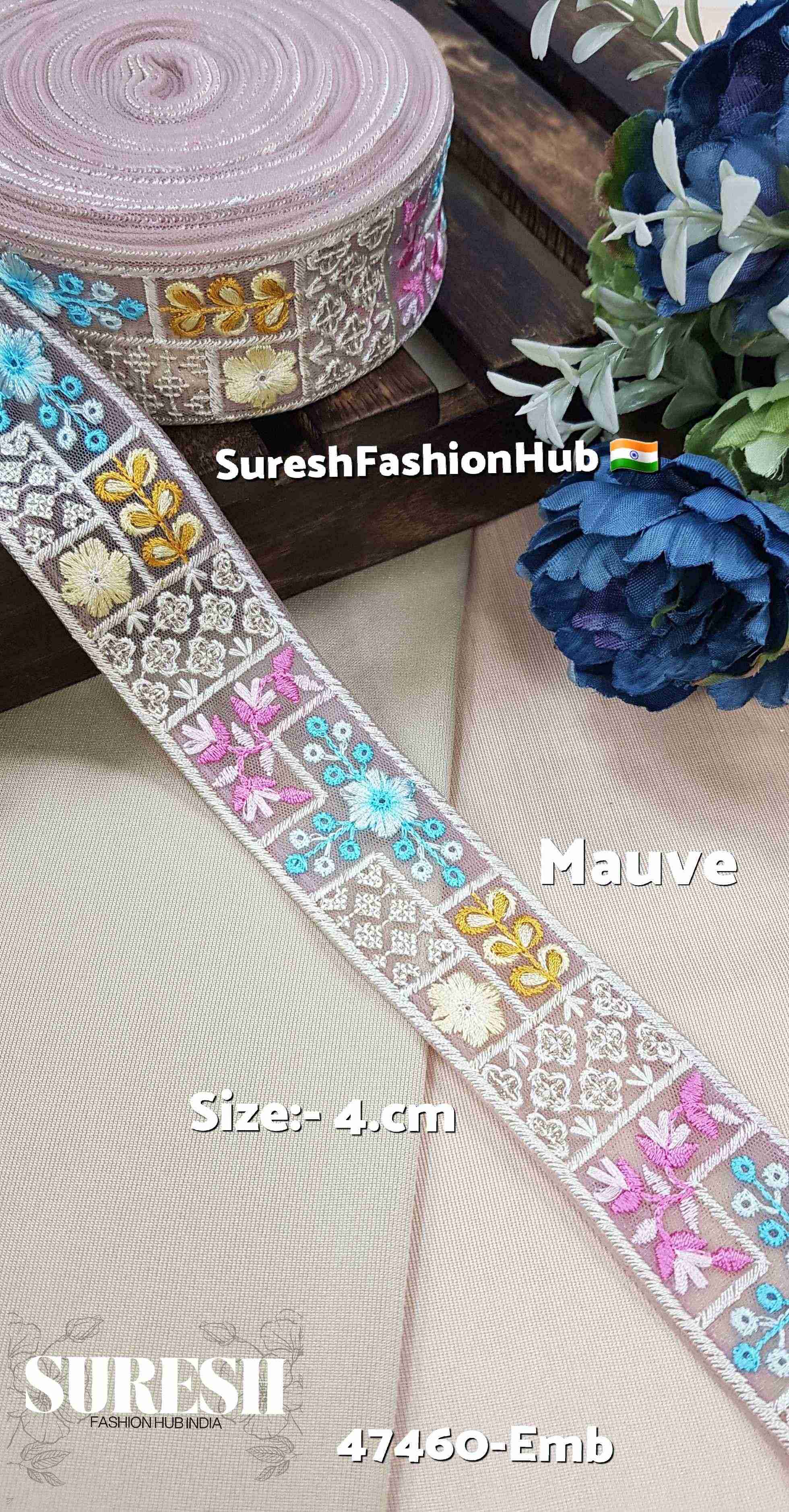 Mauve Embroidered Floral Net Lace