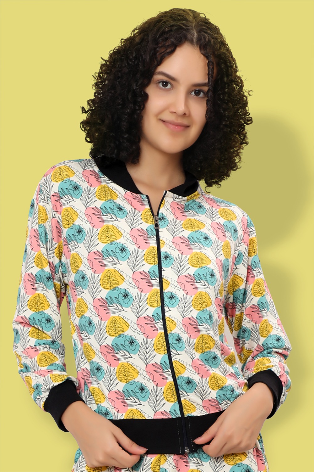 Ninos Dreams Women 3 piece Multicolour Floral Print Bomber Jacket with Jogger Coord Set