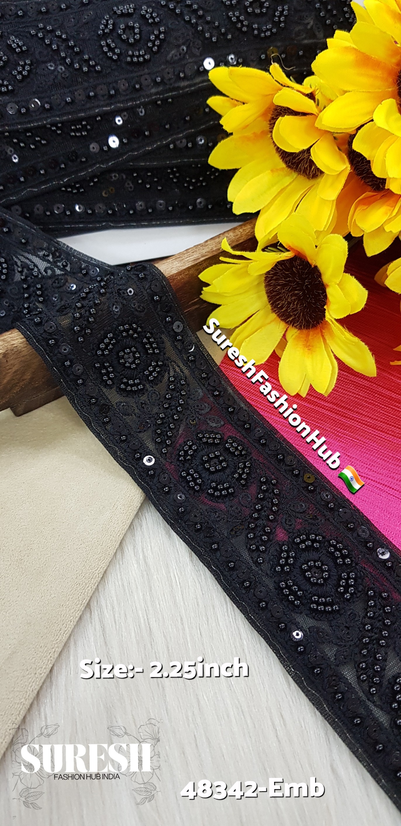 Black Floral Pearl Embroidery Lace – 48342-Emb