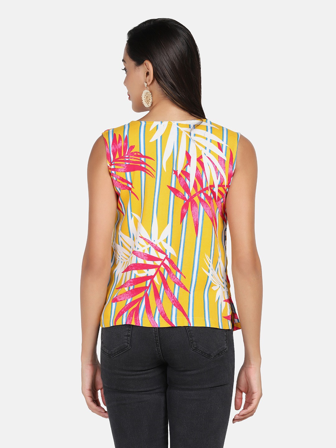 Rayon Sleeveless Yellow Leaf Printed Top