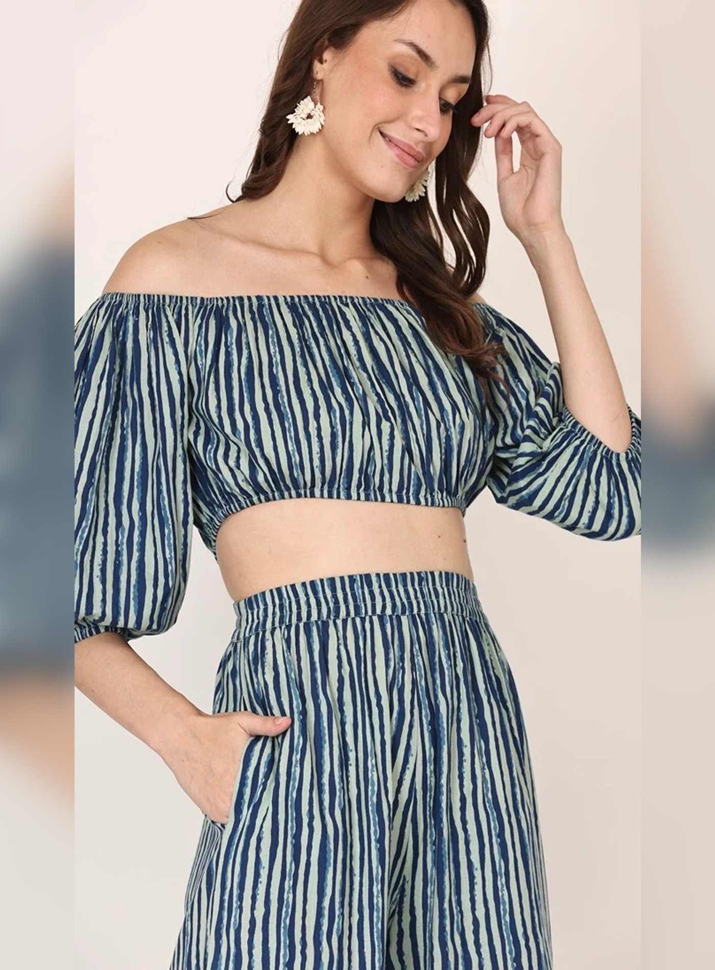 Alice18 Indigo Stripe Off-Shoulder Co-Ord Set.