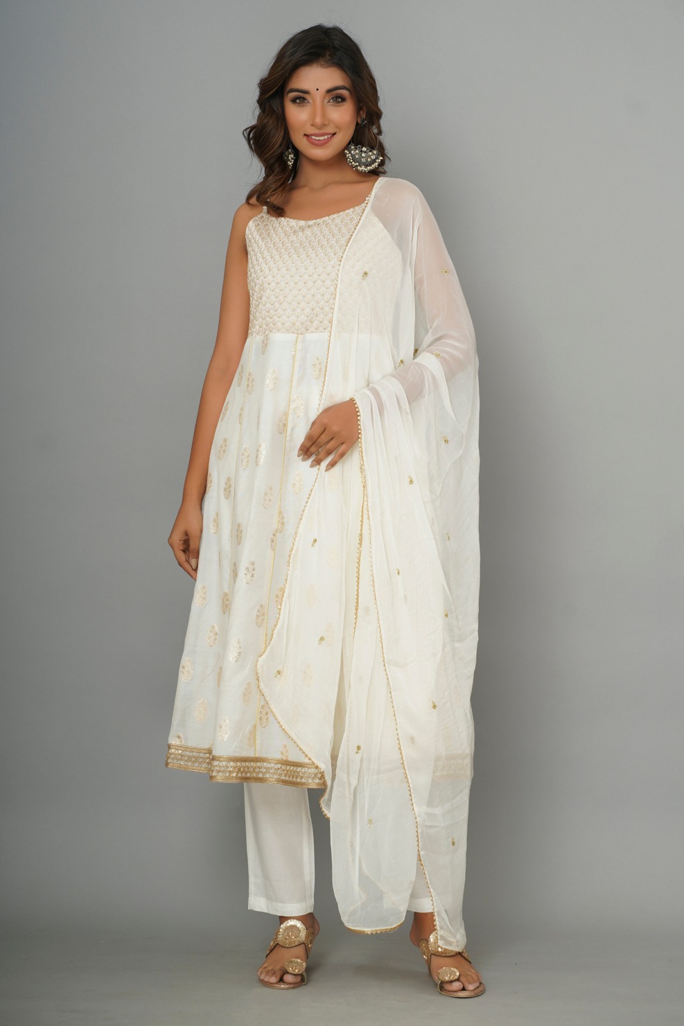 White Chanderi Anarkali Kurta Pant With Dupatta