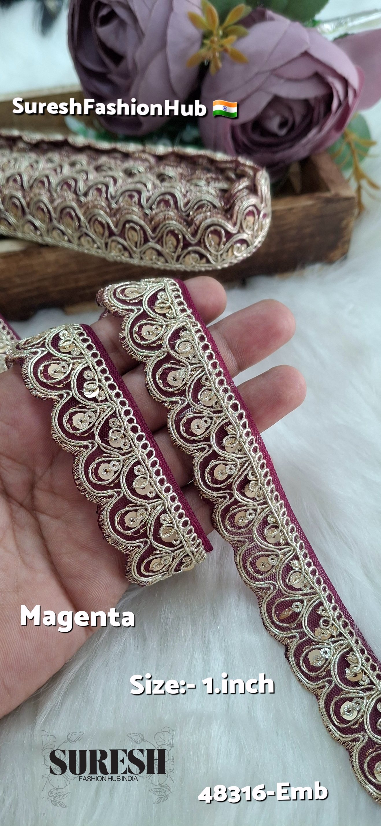 Magenta Pearl Dori One Side Scallop Embroidery Lace