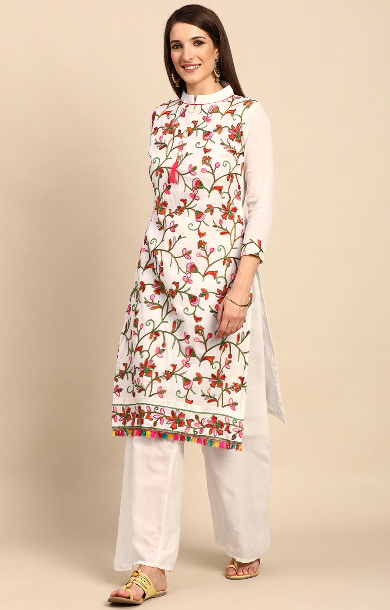 Shaily Women White Color Cotton Embroidered With Tessels Unstitched Dress Material-VF_LILY_WHTE_DM