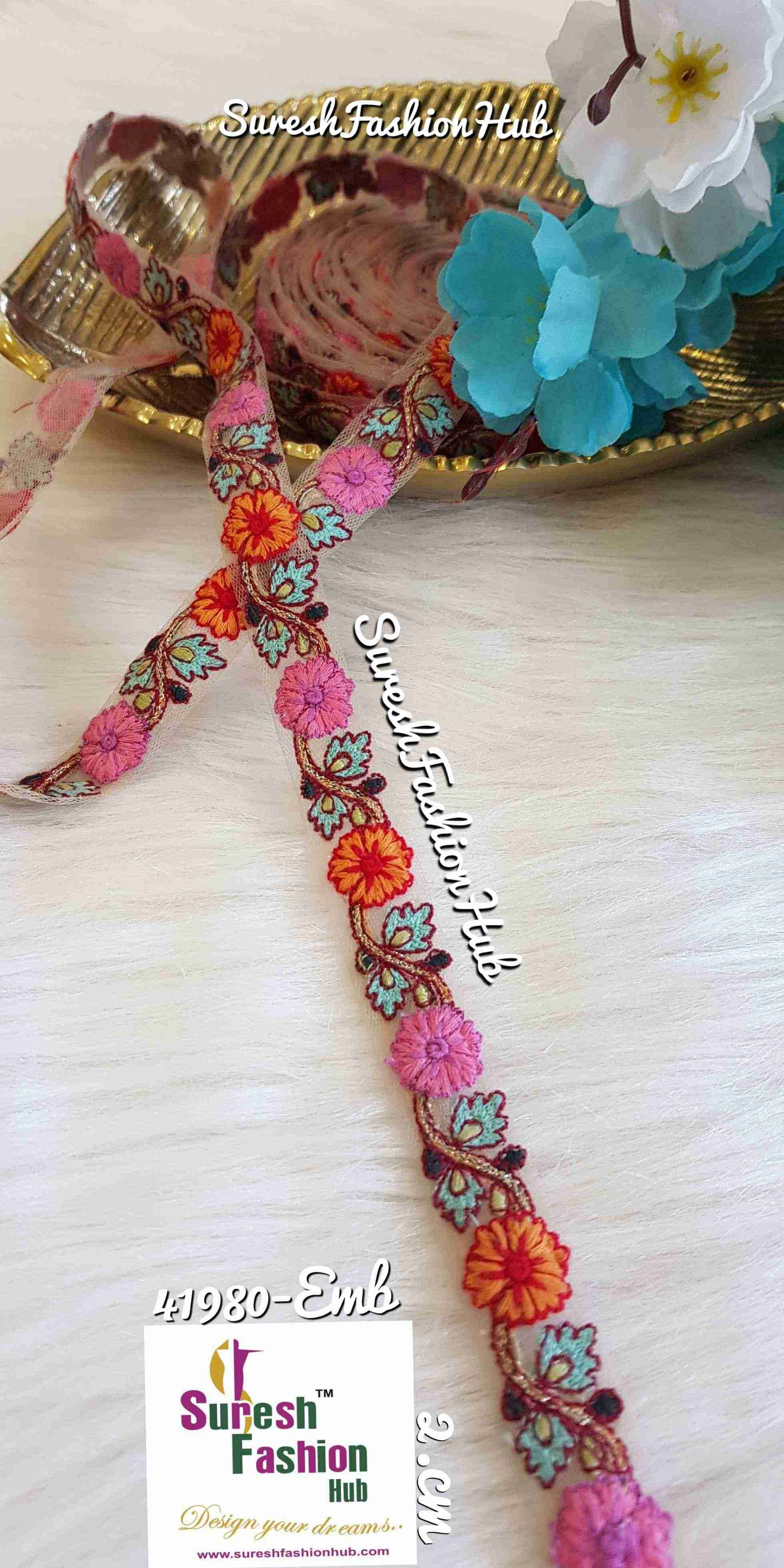 Mesh Beauty Orange & Pink Flowers Thin Ribbon
