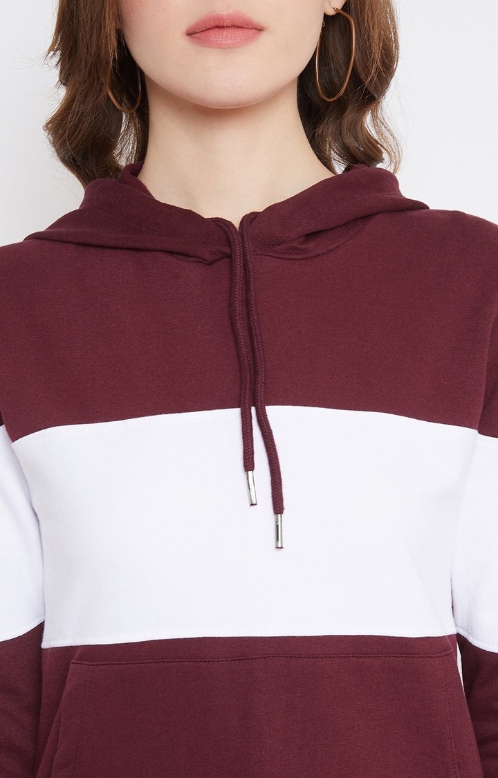 Jhankhi Women Maroon and White Colourblock Hoodie