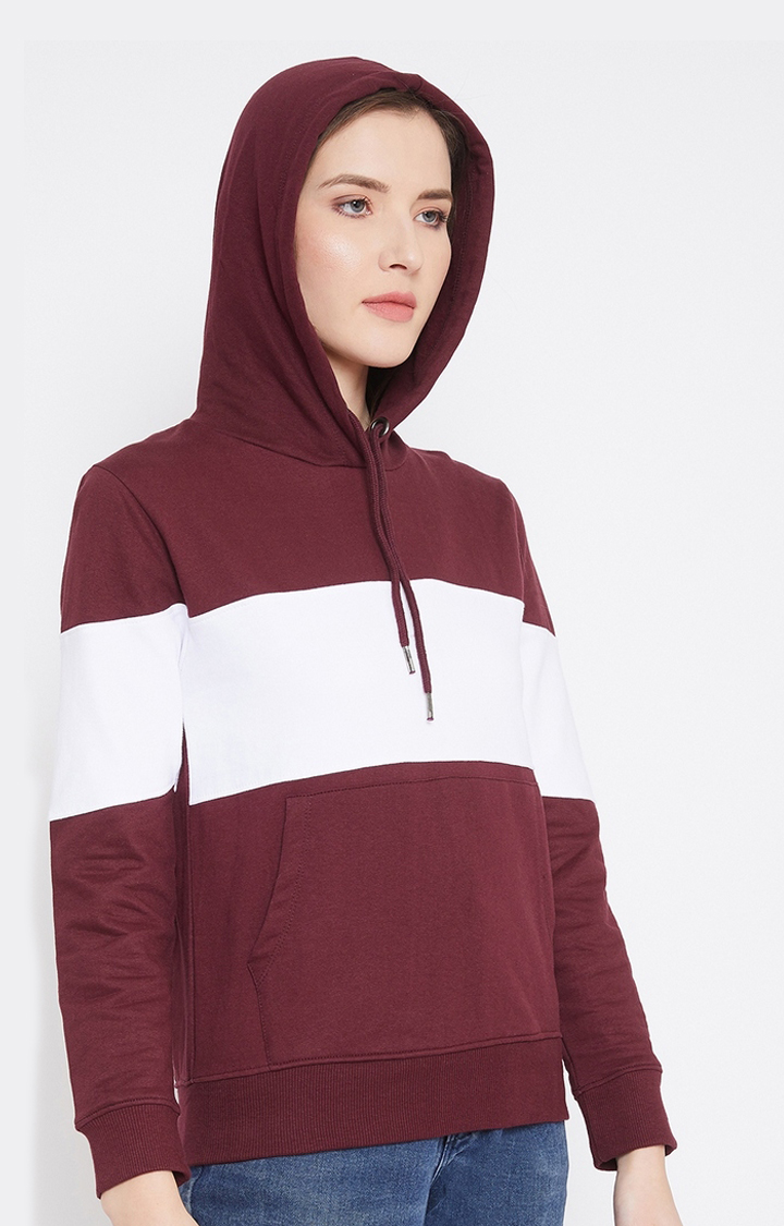 Jhankhi Women Maroon and White Colourblock Hoodie