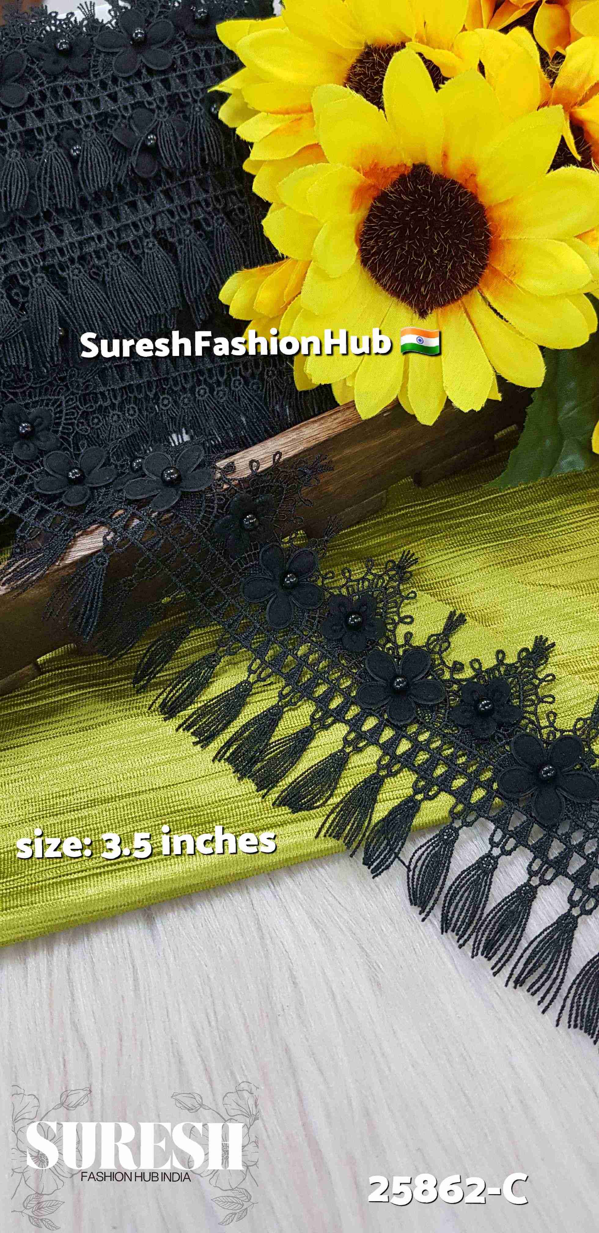 Black GPO Tassel Applique Pearl Lace
