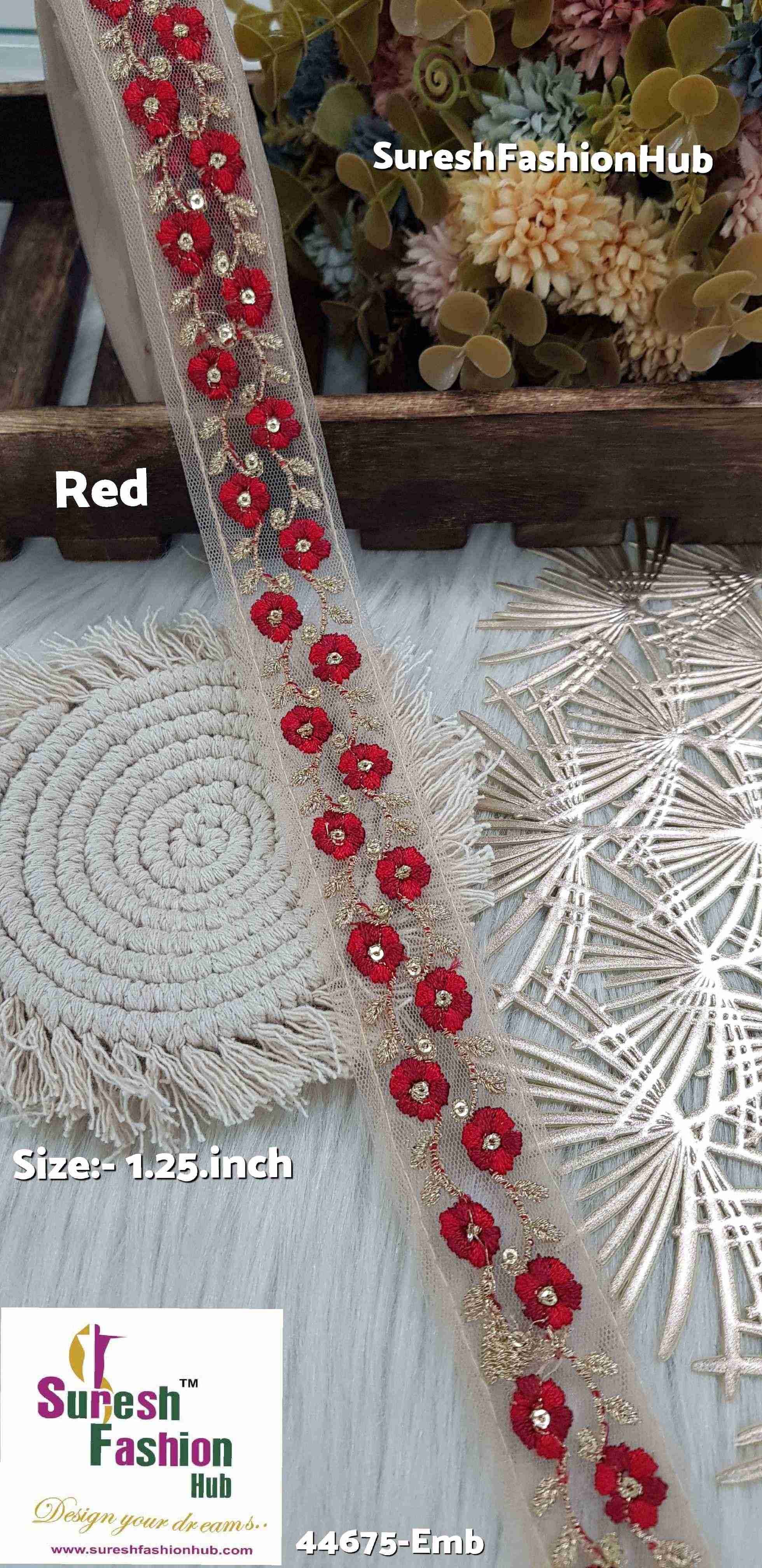Dual Tone Red Embroidered Net Lace