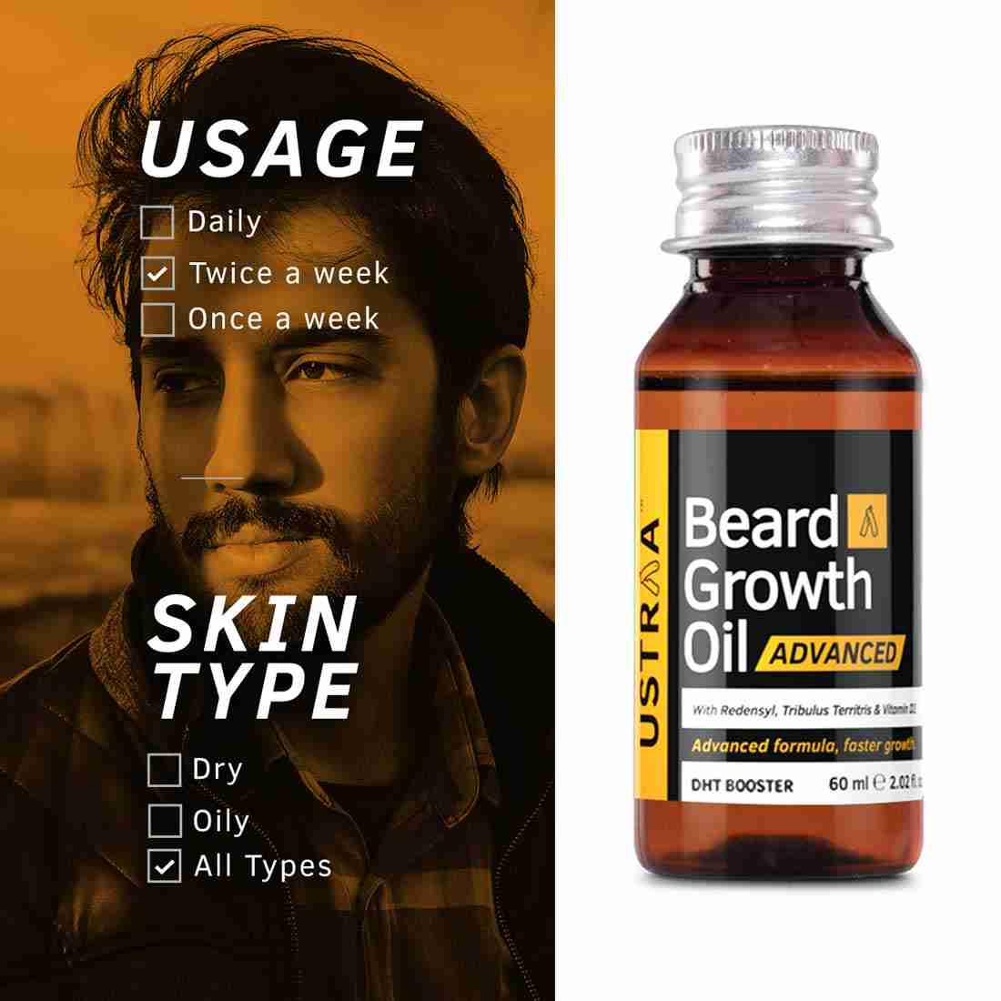 Ustraa Beard growth Oil Advanced - 60ml And Beard Wash Woody - 60ml