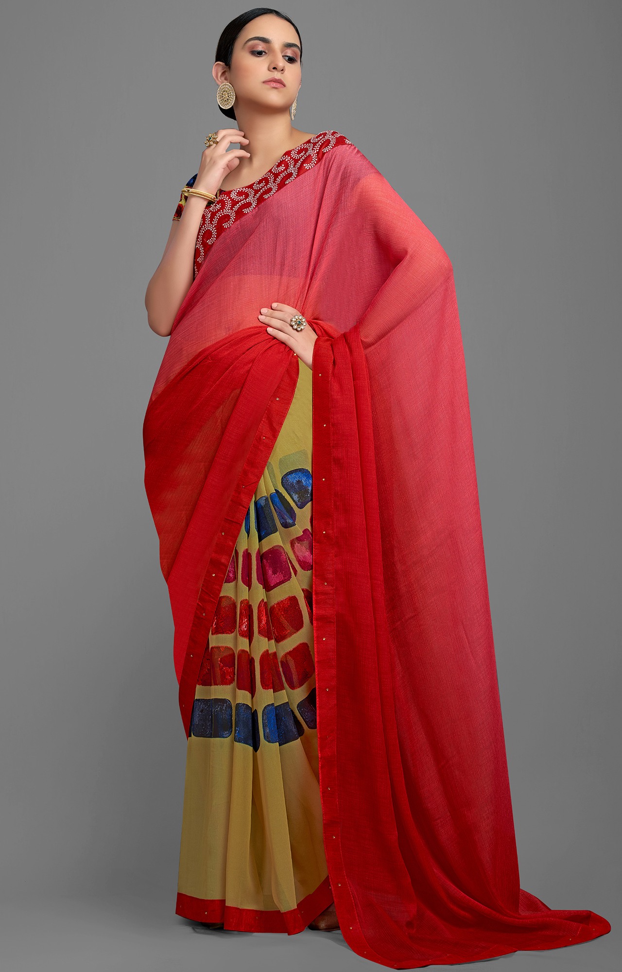 Women's Red and Beige Georgette Solid Printed Half N Half Saree-SHAMA6670SSSR004