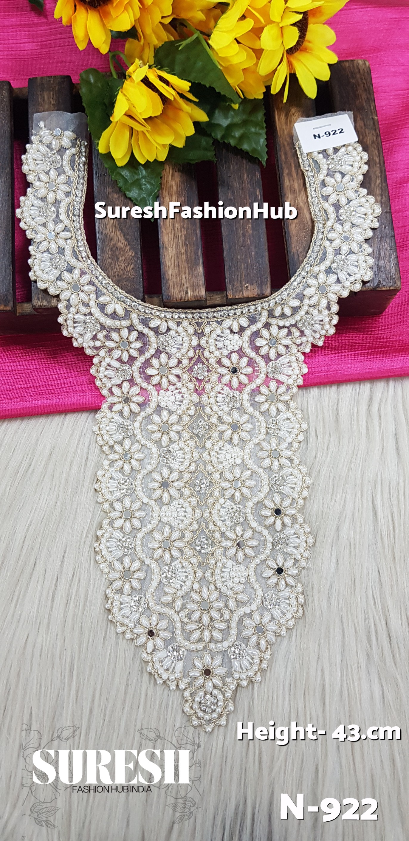 N-922 Off White Pearl Floral Organza Neck Design