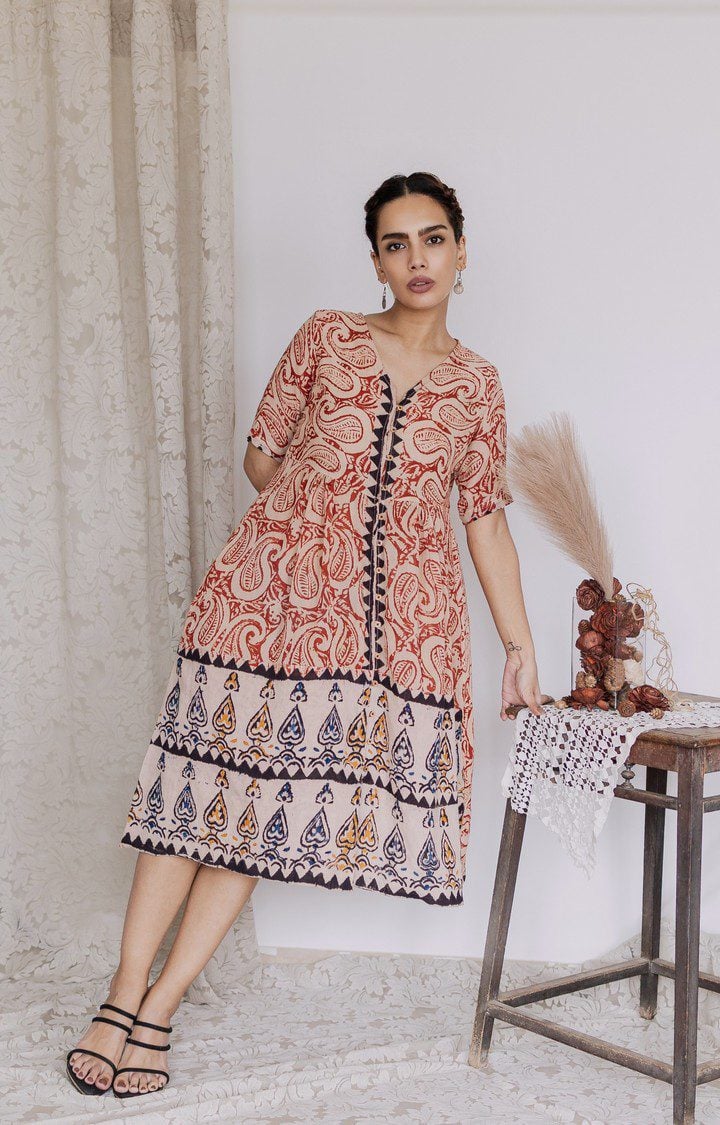 Women's Multi Cotton Printed Fit & Flare Dress