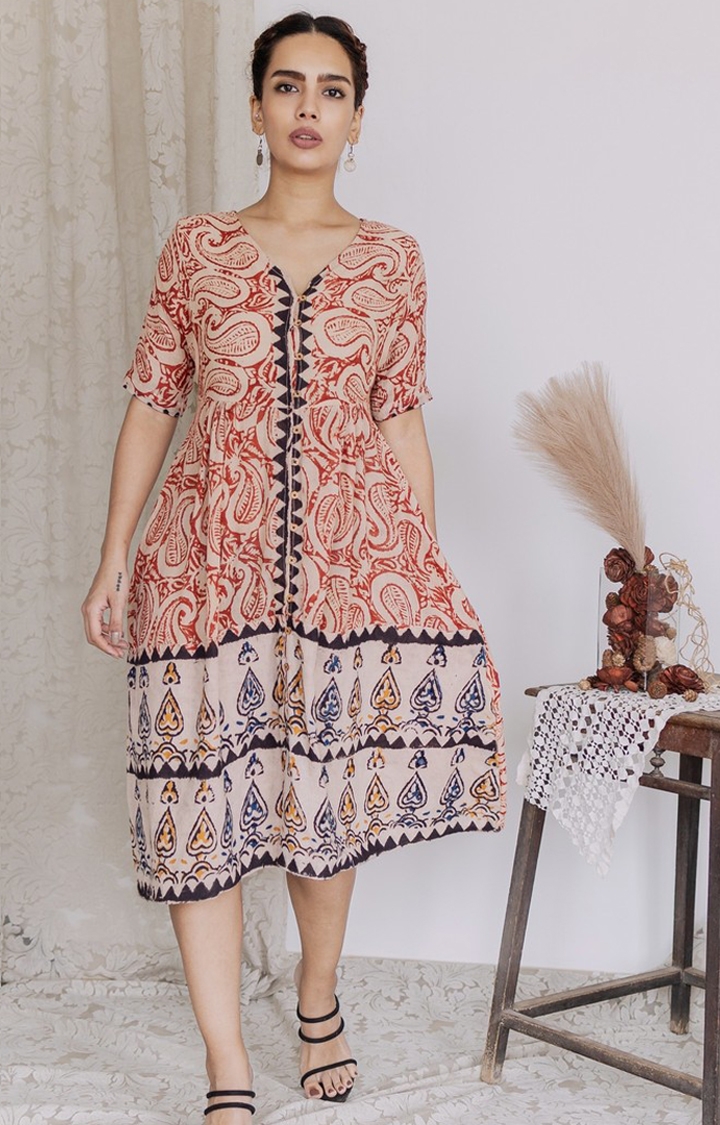 Women's Multi Cotton Printed Fit & Flare Dress
