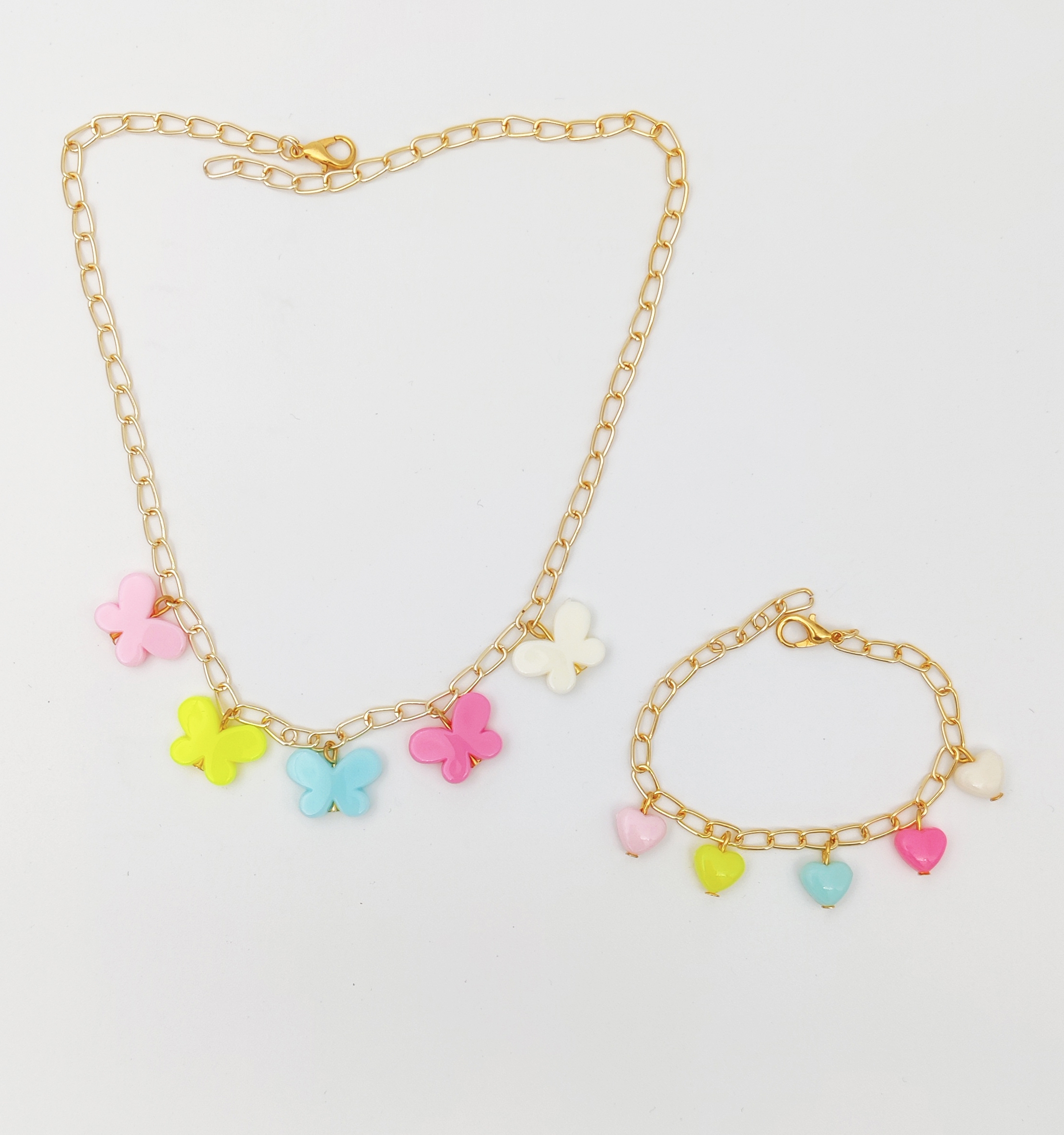 Butterfly Charms Necklace & Bracelet Set, Pink, Yellow, Blue