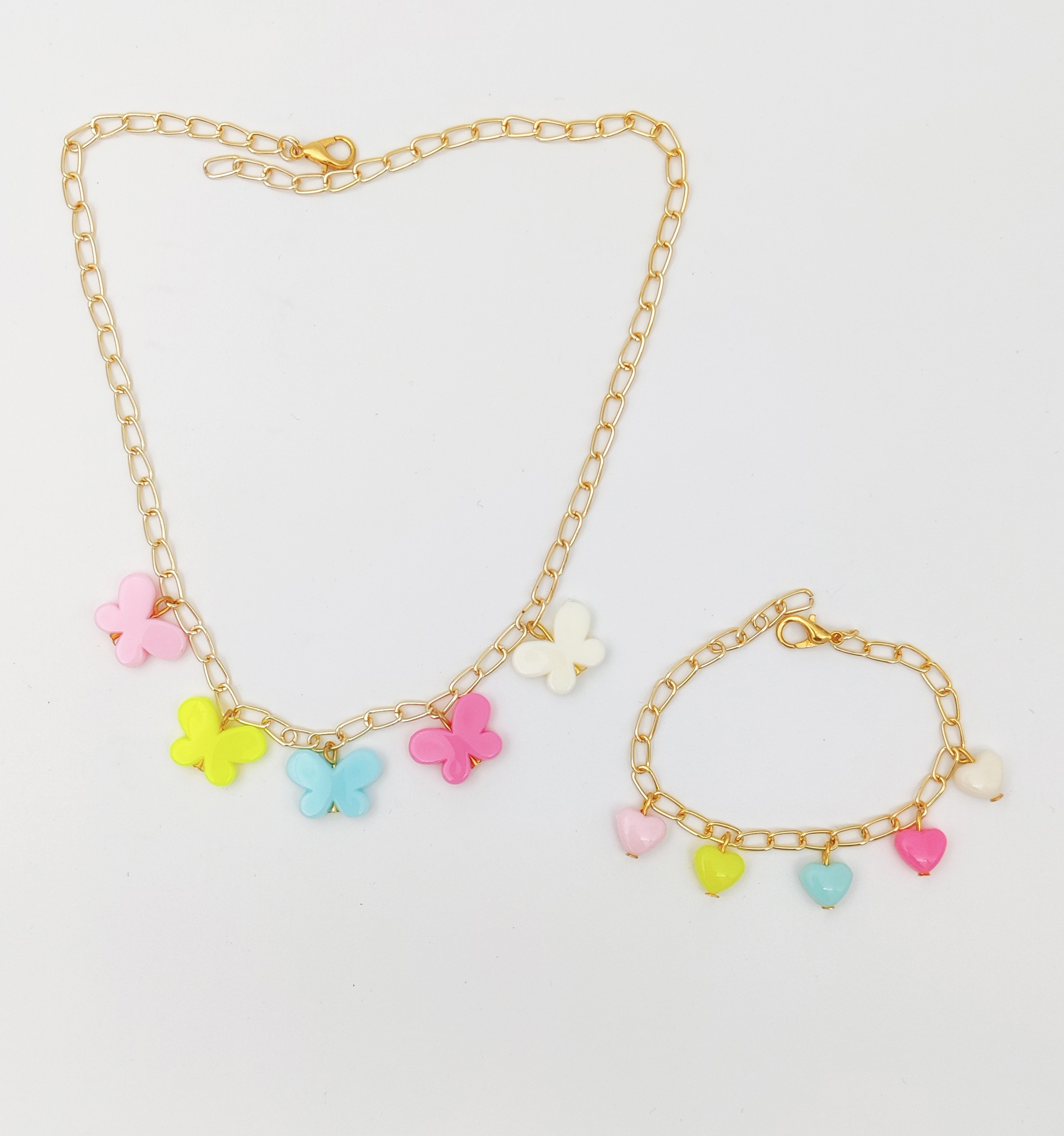 Lime By Manika | Butterfly Charms Necklace & Bracelet Set, Pink, Yellow, Blue undefined