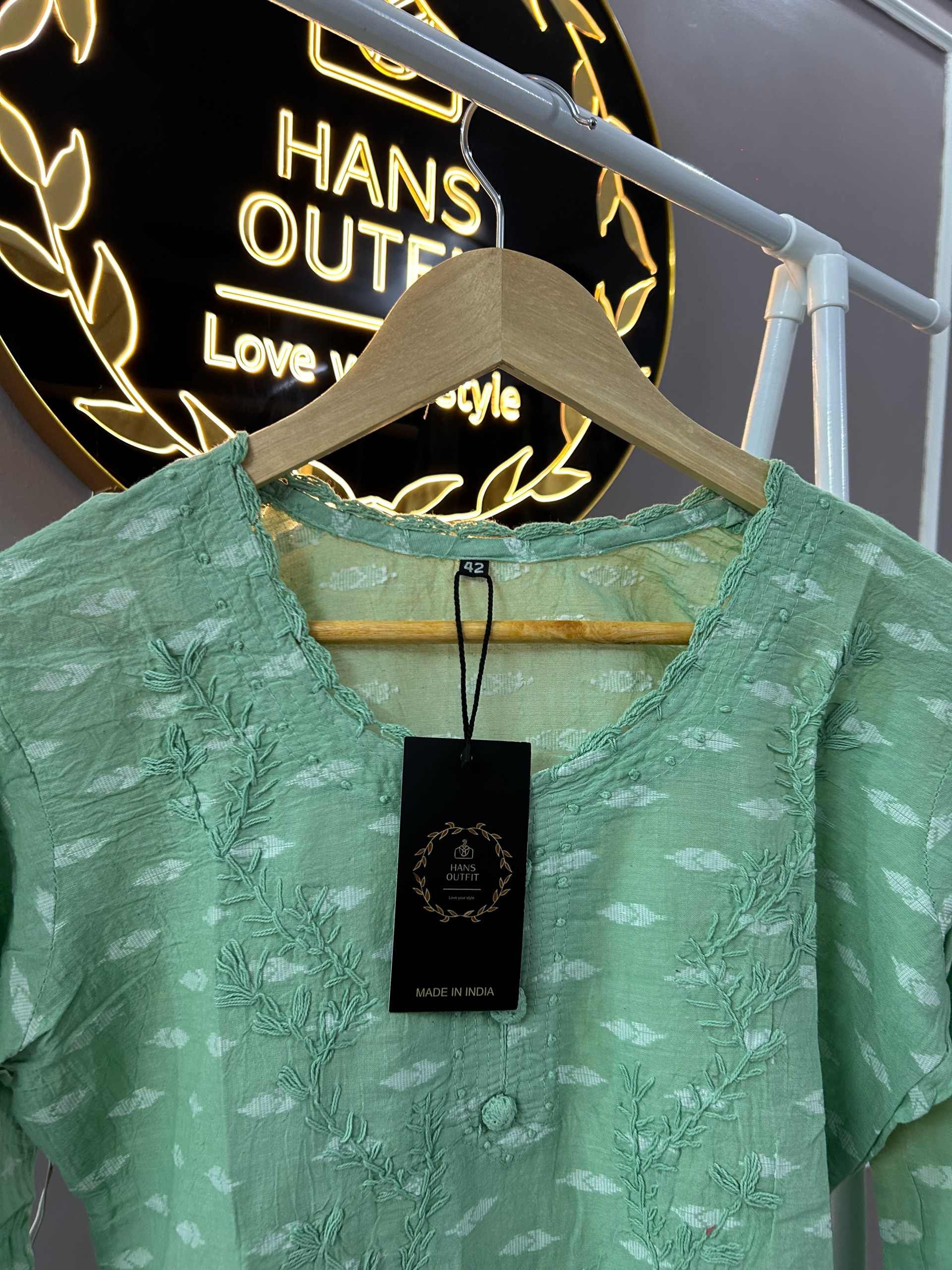 Mint Green Lucknowi chickenkari cotton  kurta