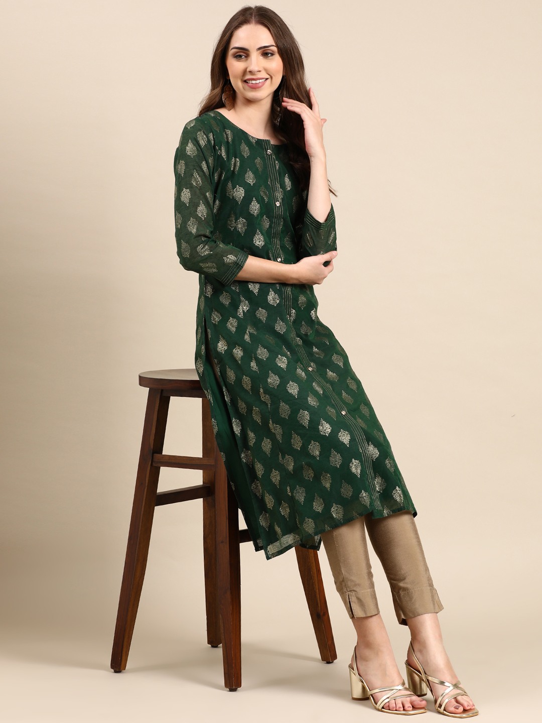 Showoff | SHOWOFF Women's Knee Length Ethnic Motifs Straight Green Kurta 6