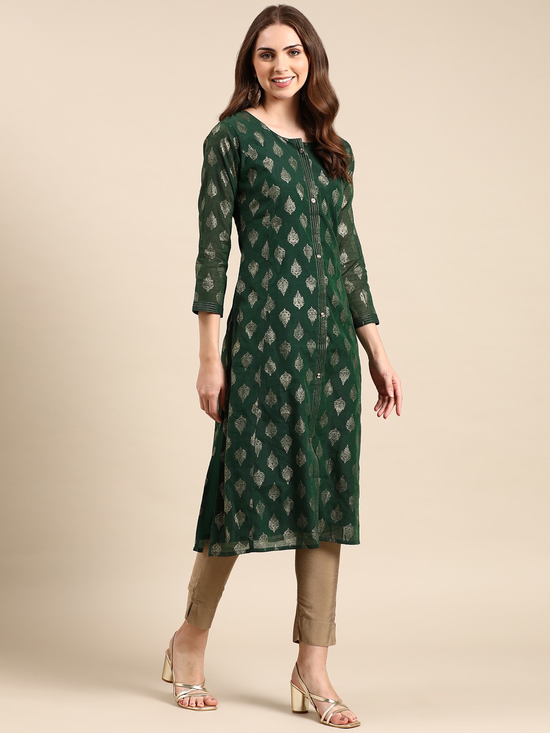 Showoff | SHOWOFF Women's Knee Length Ethnic Motifs Straight Green Kurta 4