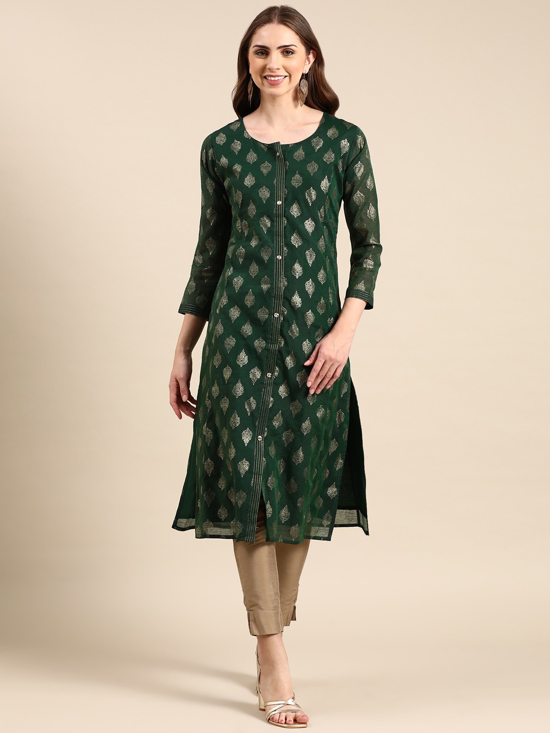 Showoff | SHOWOFF Women's Knee Length Ethnic Motifs Straight Green Kurta 0