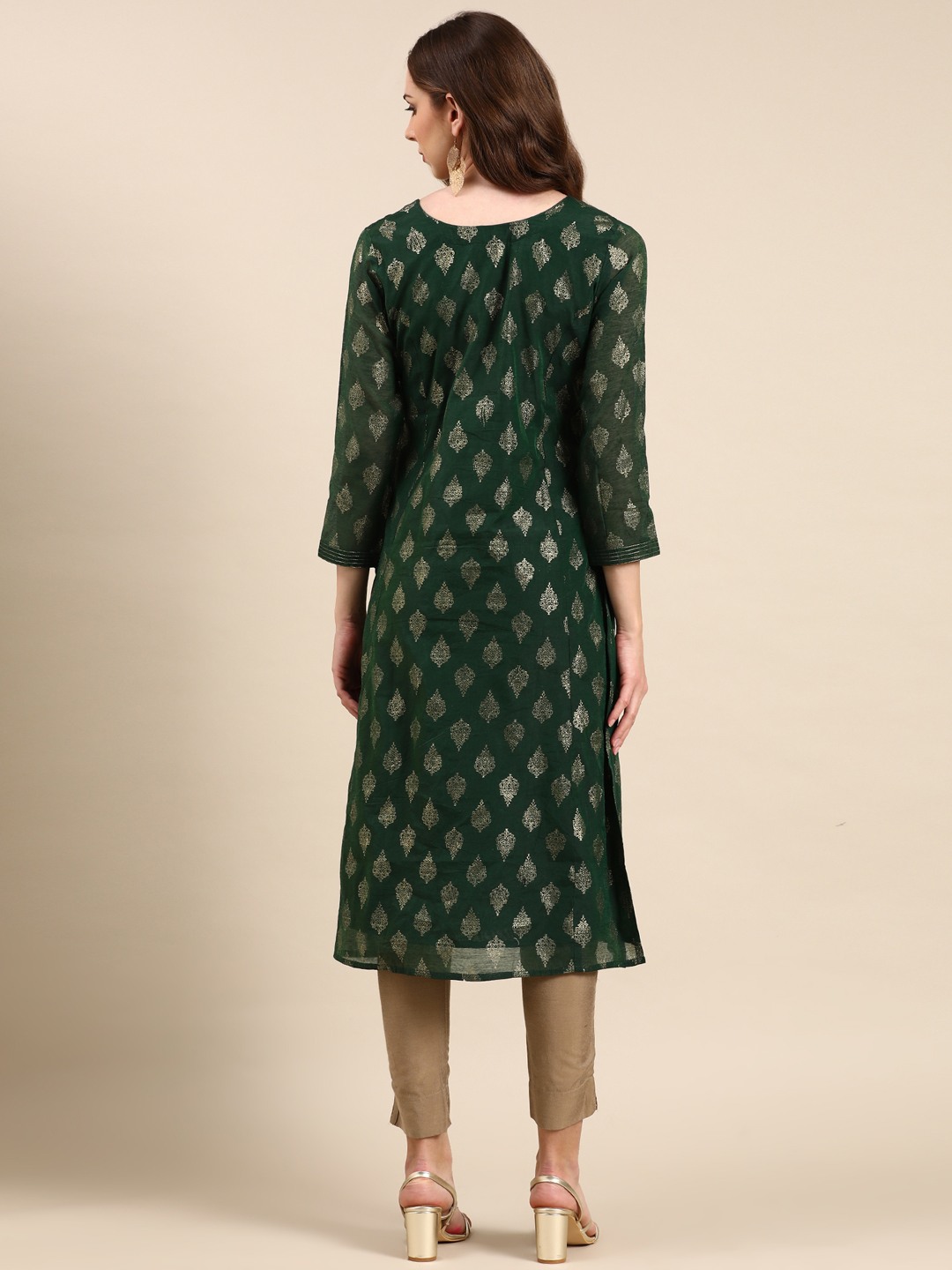 Showoff | SHOWOFF Women's Knee Length Ethnic Motifs Straight Green Kurta 5