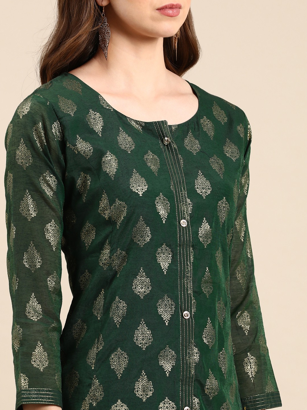 Showoff | SHOWOFF Women's Knee Length Ethnic Motifs Straight Green Kurta 7