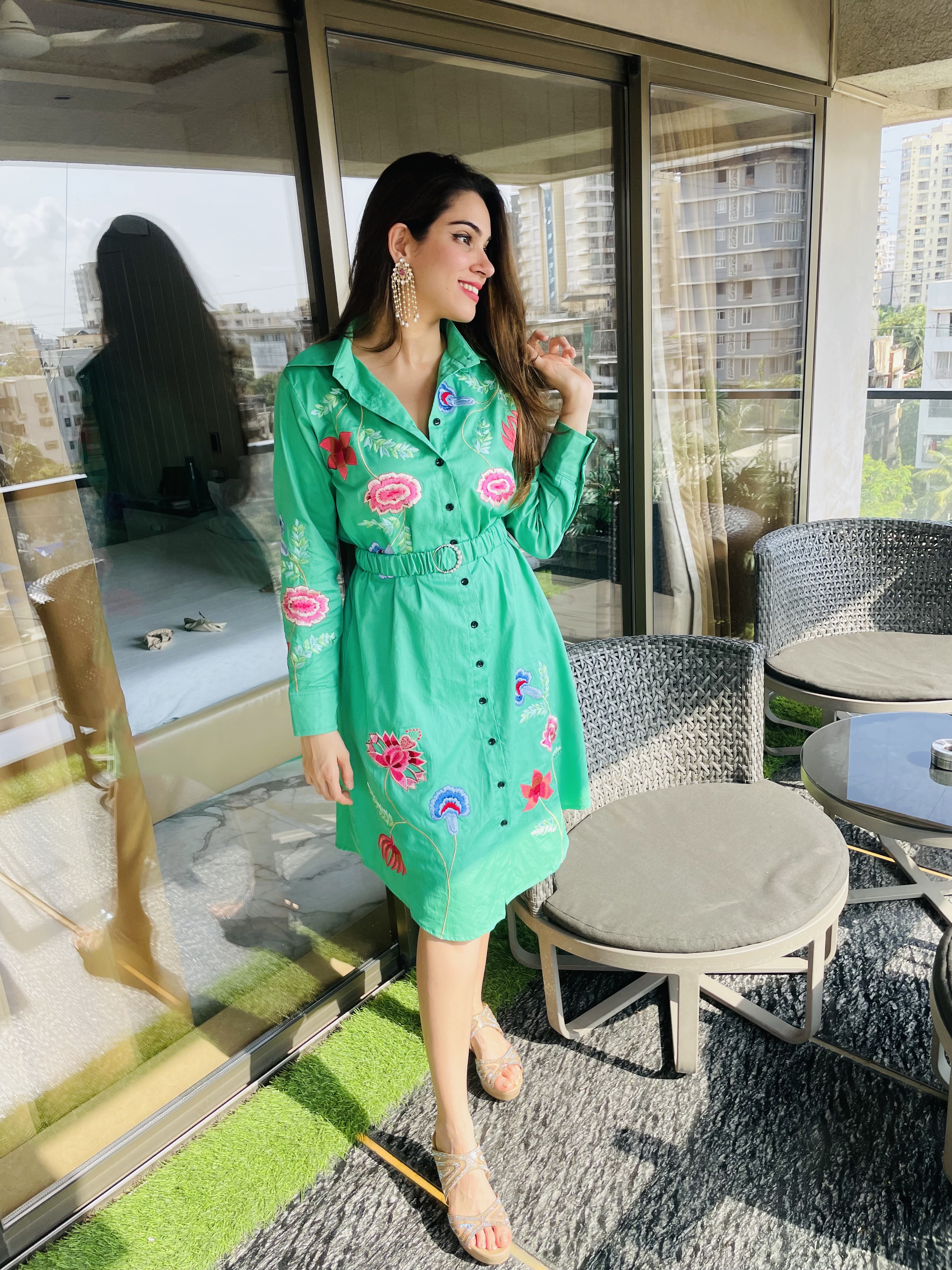 Green embroidered shirt dress