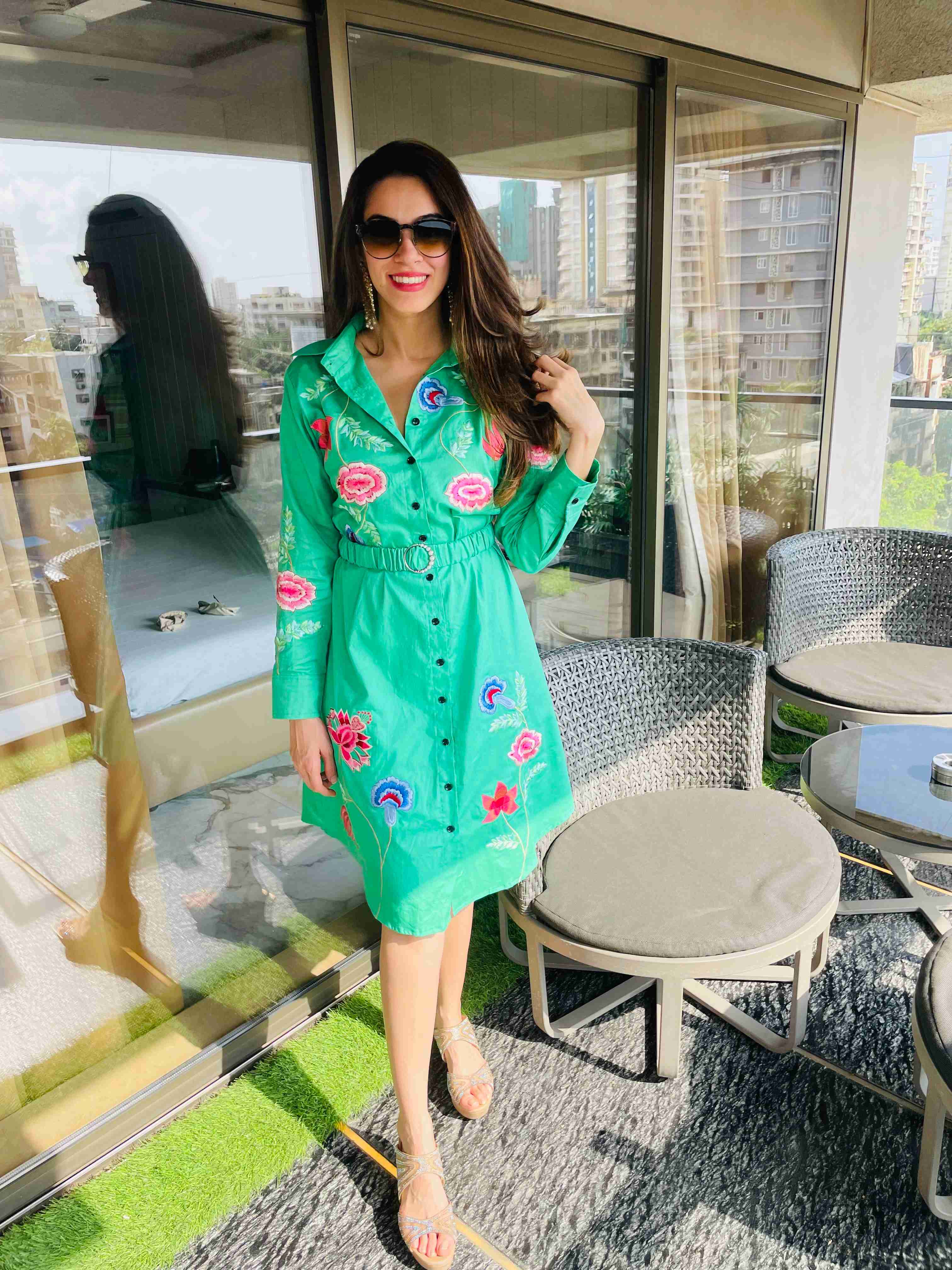 Green embroidered shirt dress