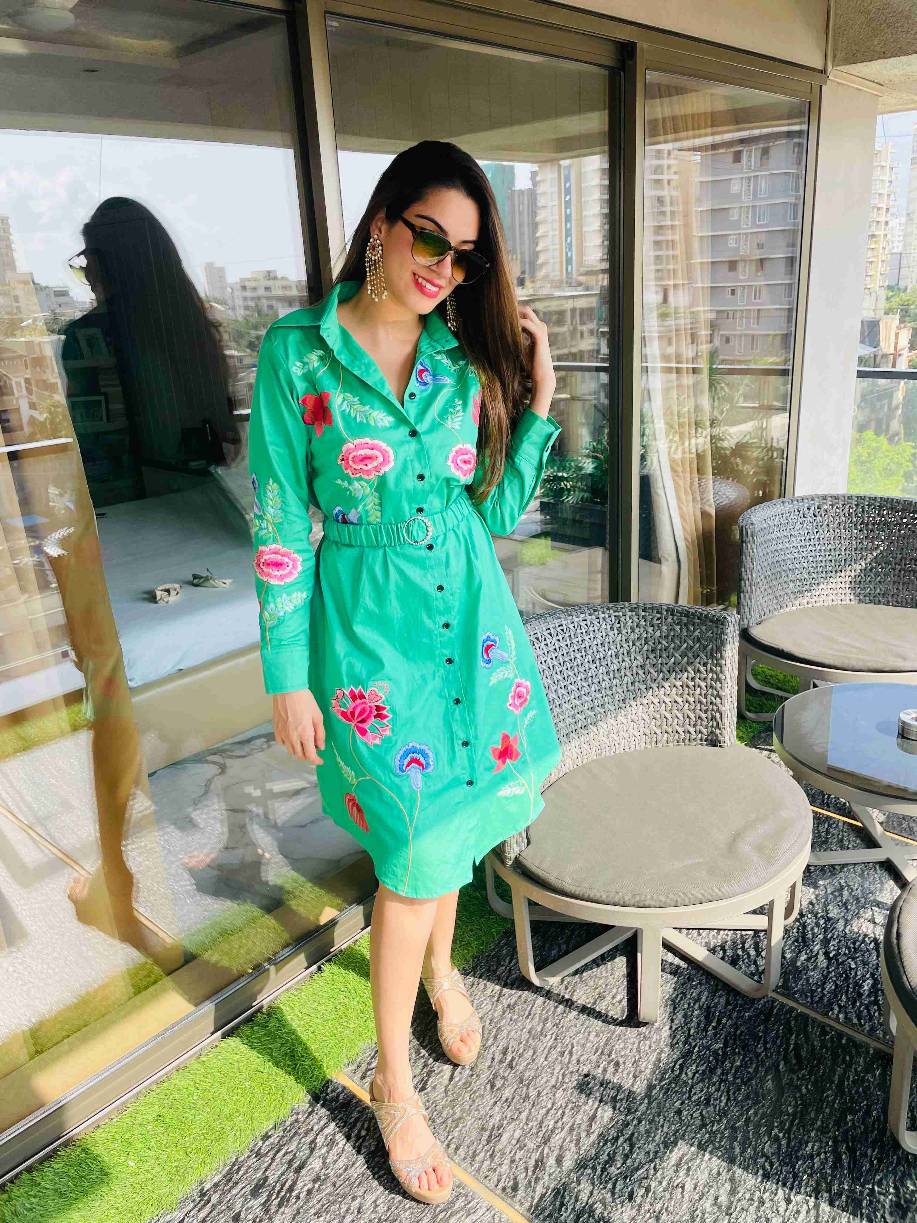 Green embroidered shirt dress