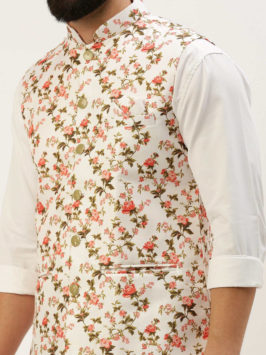 SHOWOFF Men's Printed Mandarin Collar White Nehru Jacket
