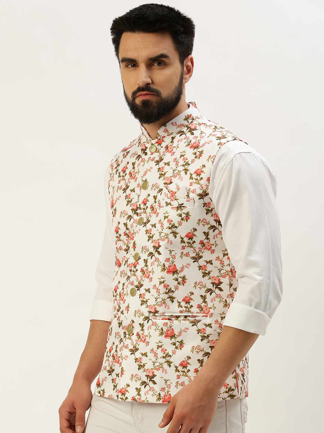SHOWOFF Men's Printed Mandarin Collar White Nehru Jacket