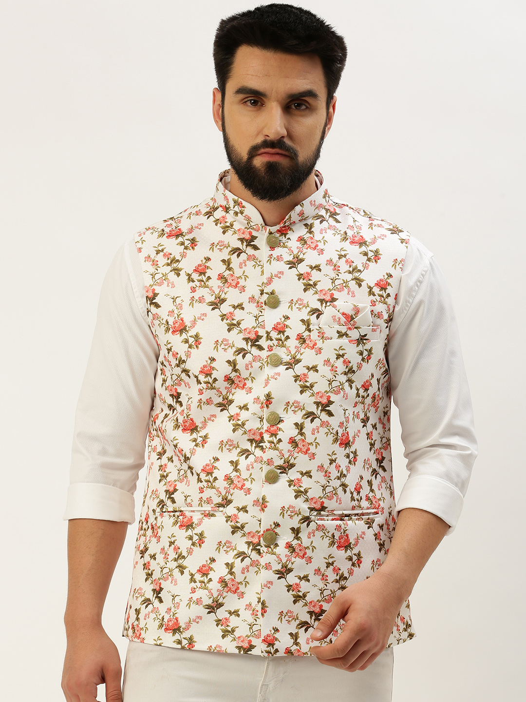 SHOWOFF Men's Printed Mandarin Collar White Nehru Jacket