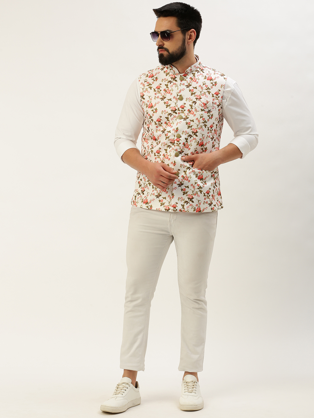 SHOWOFF Men's Printed Mandarin Collar White Nehru Jacket