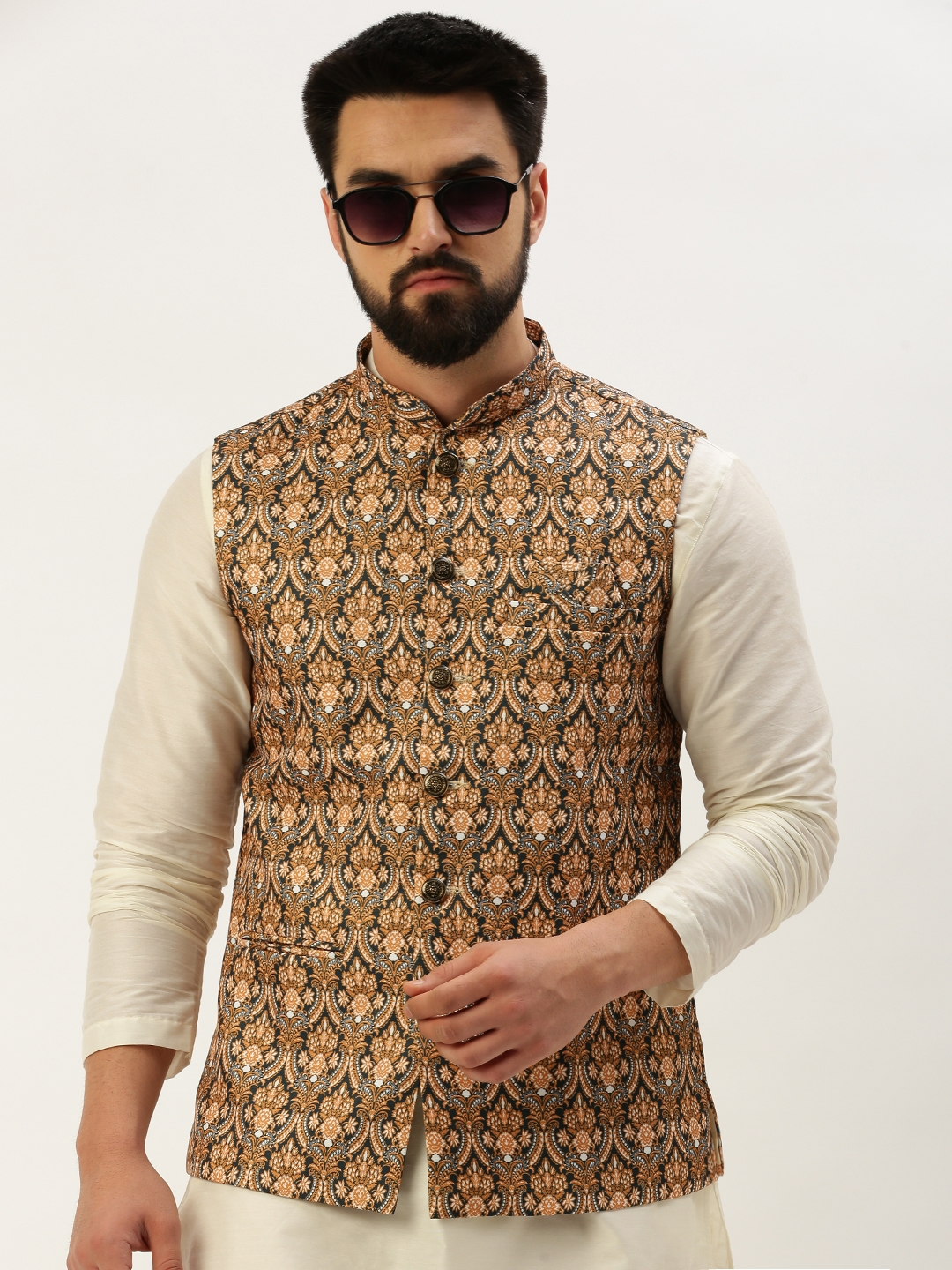 Showoff | SHOWOFF Men's Printed Mandarin Collar Mustard Nehru Jacket 0