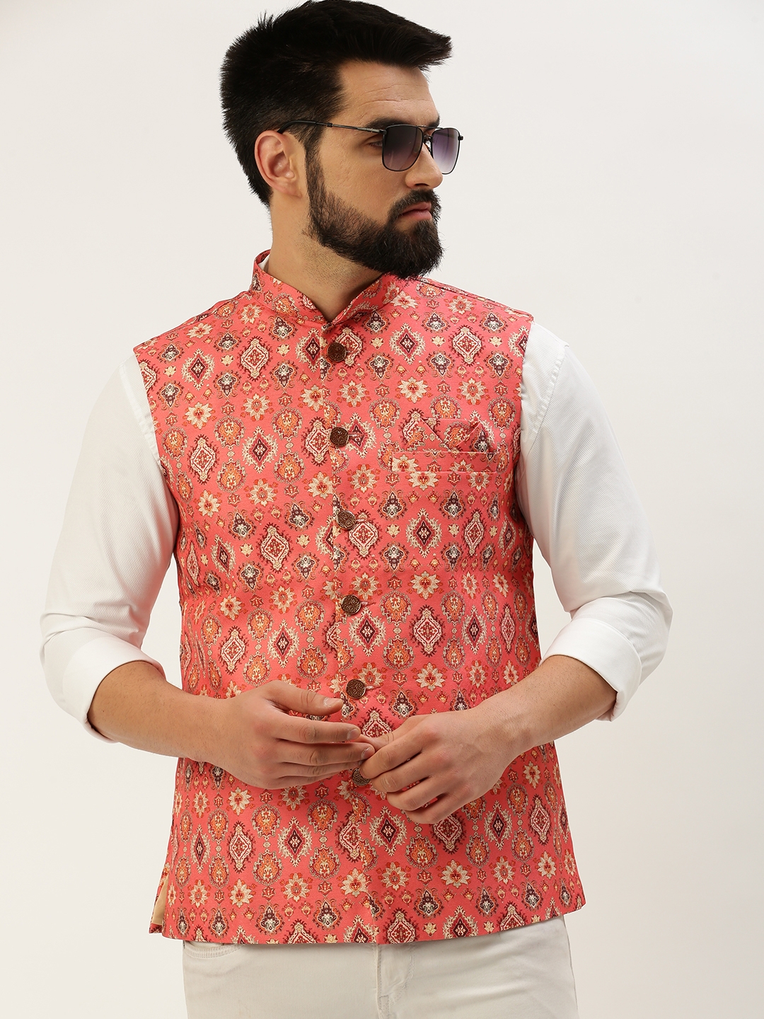 Showoff | SHOWOFF Men's Printed Mandarin Collar Coral Nehru Jacket 1