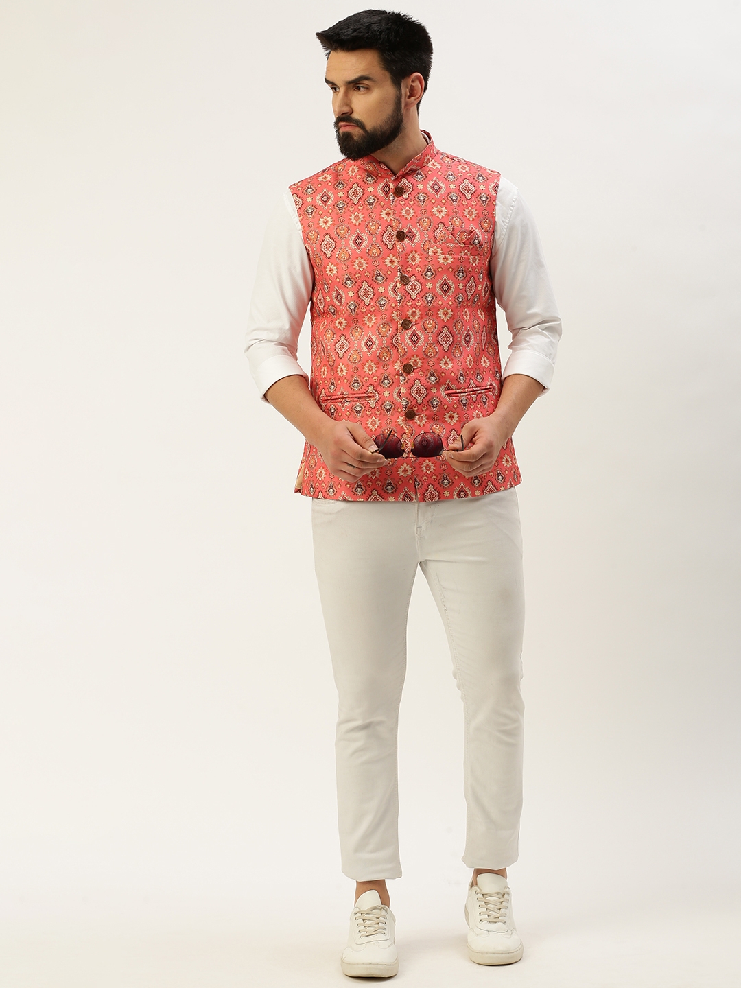 Showoff | SHOWOFF Men's Printed Mandarin Collar Coral Nehru Jacket 4